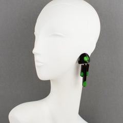 Black and Green Acrylic Resin Geometric Dangle Clip Earrings