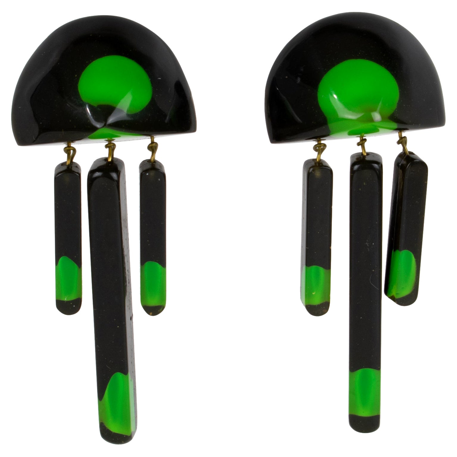Black and Green Acrylic Resin Geometric Dangle Clip Earrings