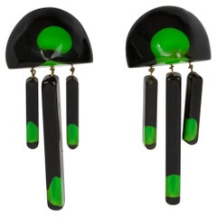 Black and Green Acrylic Resin Geometric Dangle Clip Earrings