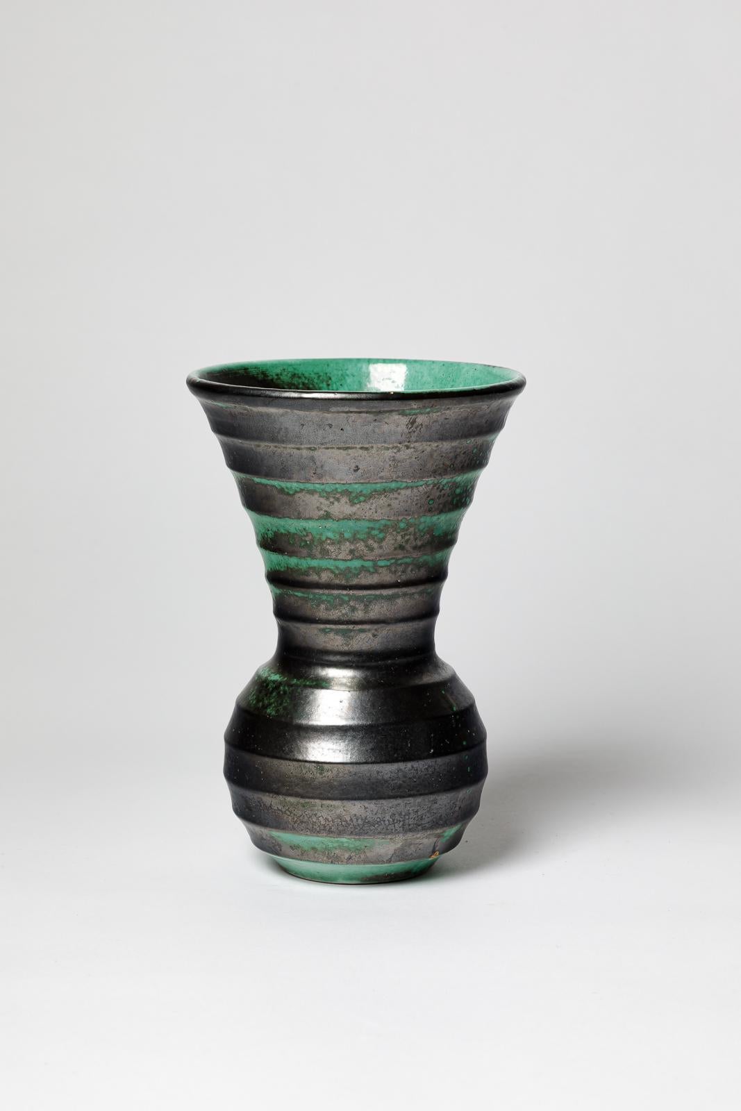 French black and green art deco 20th century ceramic vase by primavera CAB 1930 For Sale