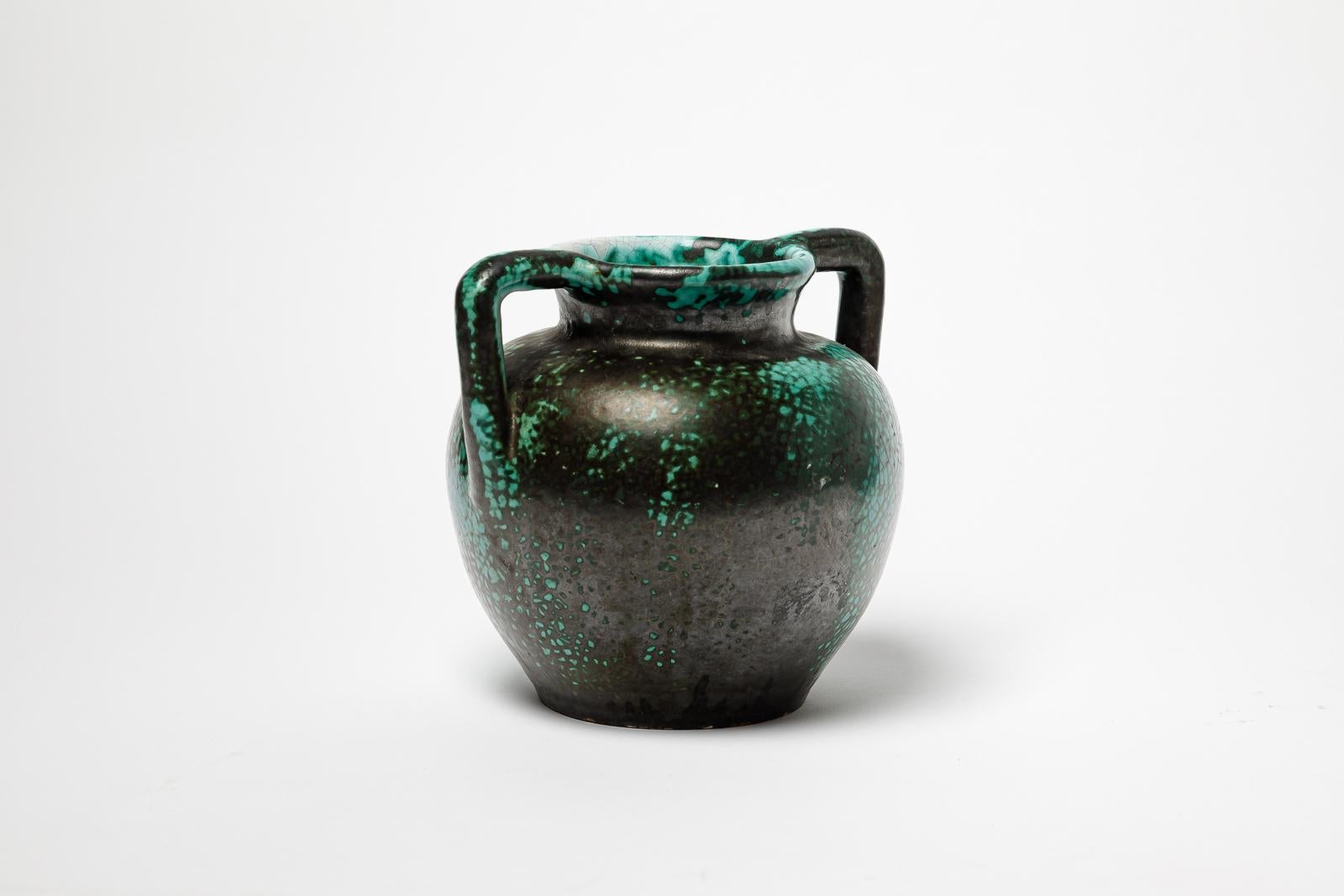 Francese vaso in ceramica art déco nero e verde di CAB primavera 1930 design in vendita