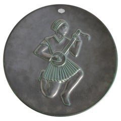 Placa de pared de cerámica negra y verde de Gertrud Lönegren para Upsala Ekeby, Suecia