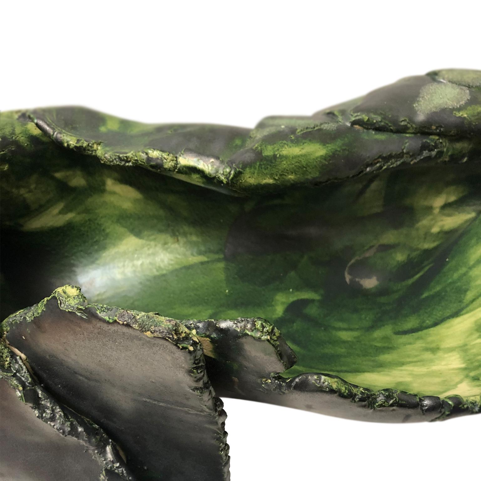 Late 20th Century Black and Green Glazed Folded Ceramic Sculptural Bowl by Eavn Blackwell