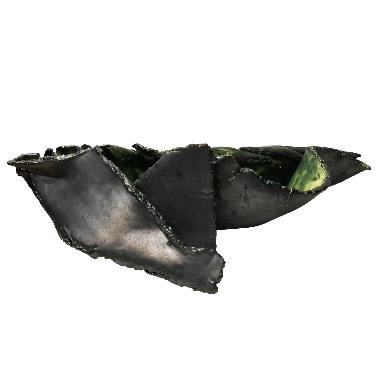 Black and Green Glazed Folded Ceramic Sculptural Bowl by Eavn Blackwell In Good Condition In New York, NY