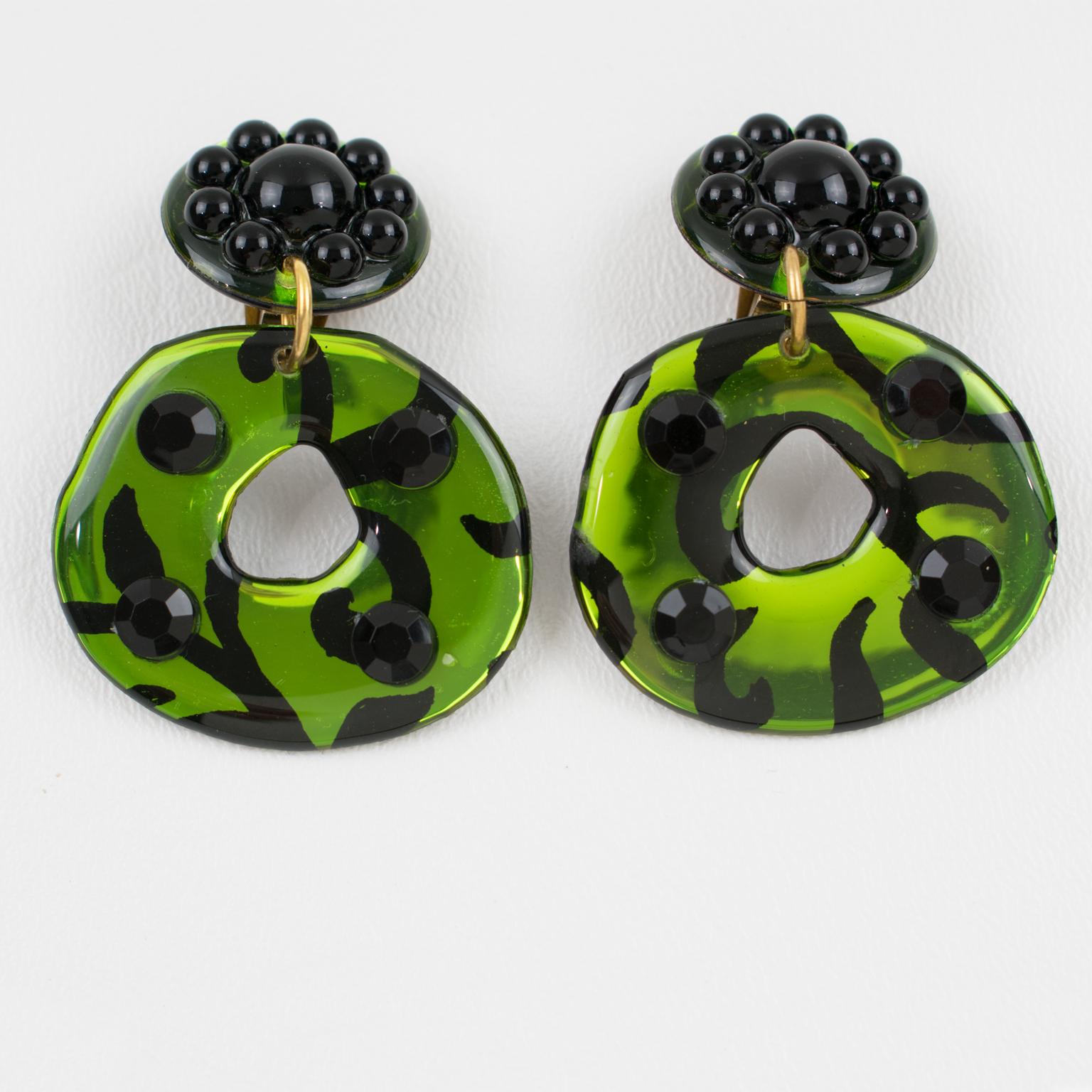 Modern Black and Green Lucite Dangle Donut Clip Earrings For Sale