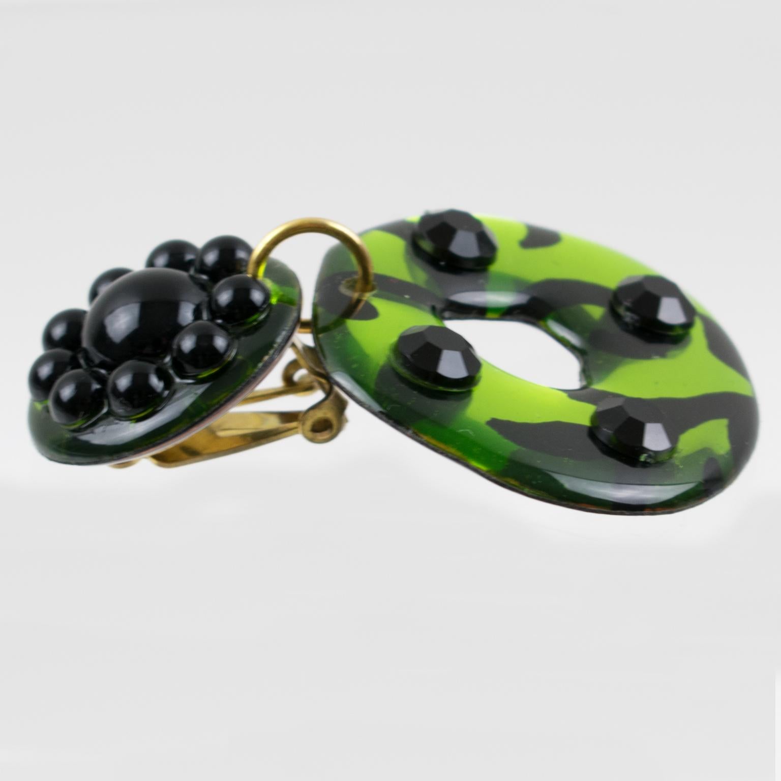 Women's or Men's Black and Green Lucite Dangle Donut Clip Earrings For Sale