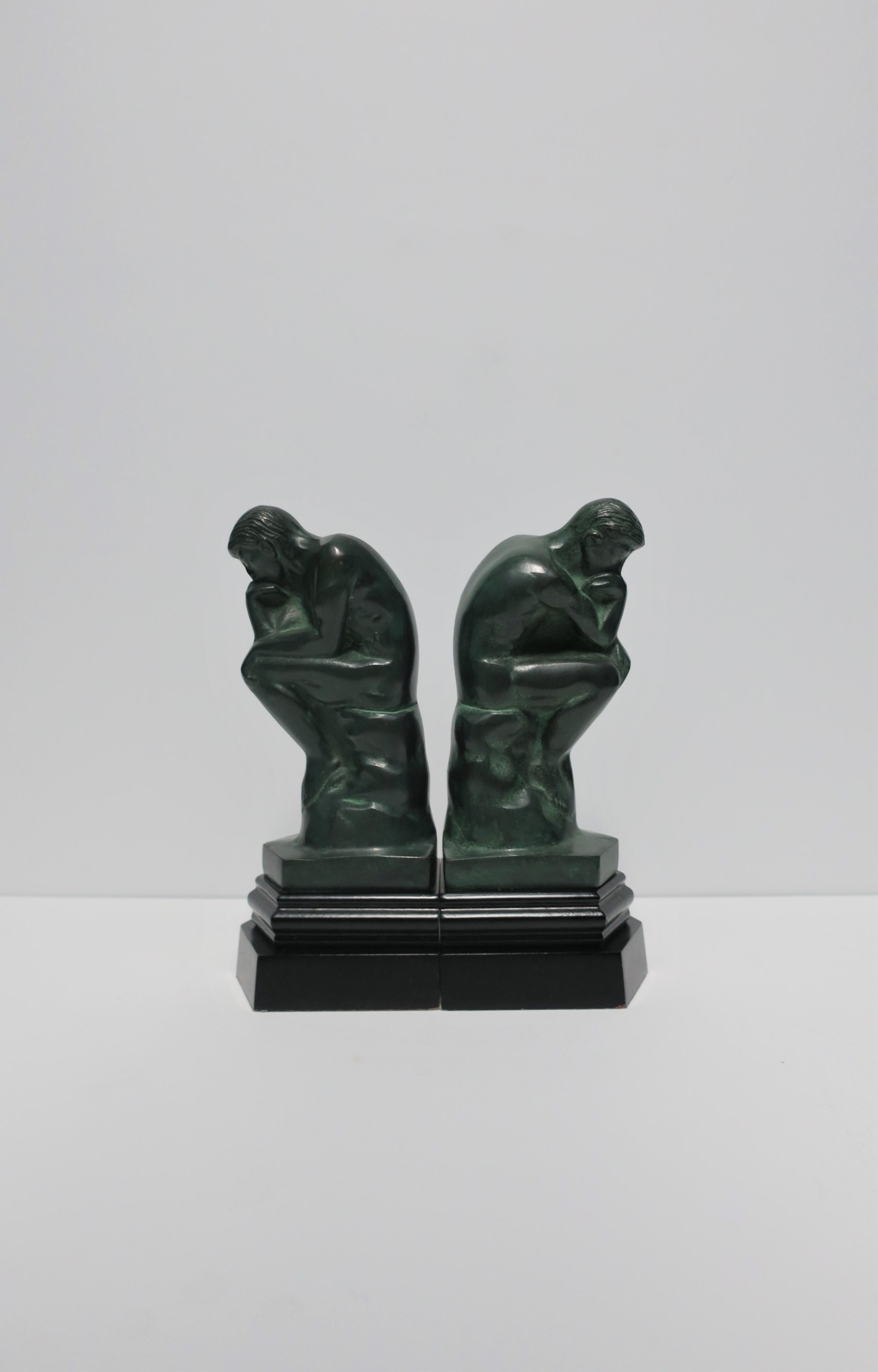 Black and Green Male Sculpture Bookends, Pair In Good Condition In New York, NY
