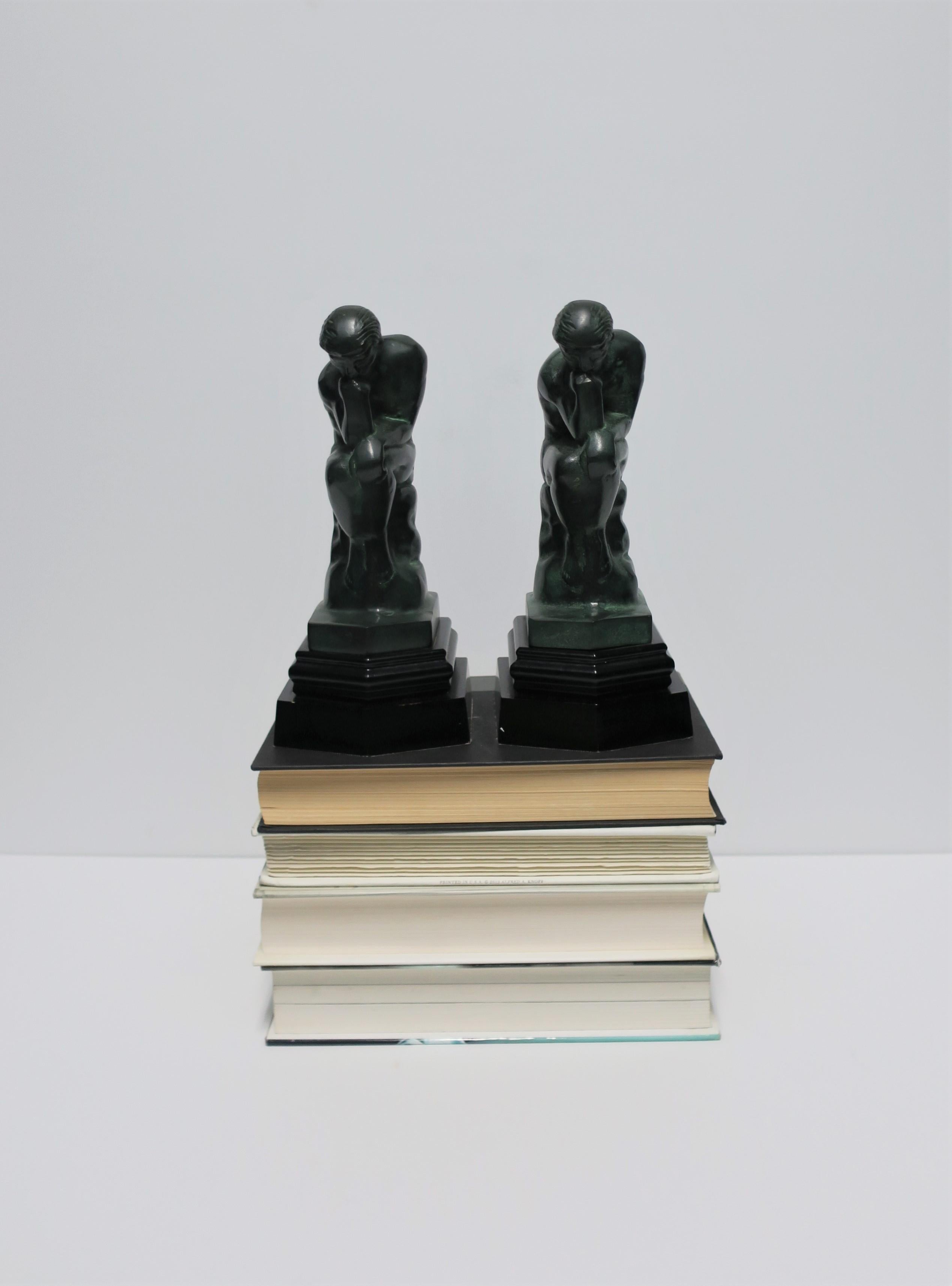 20th Century Black and Green Male Sculpture Bookends, Pair