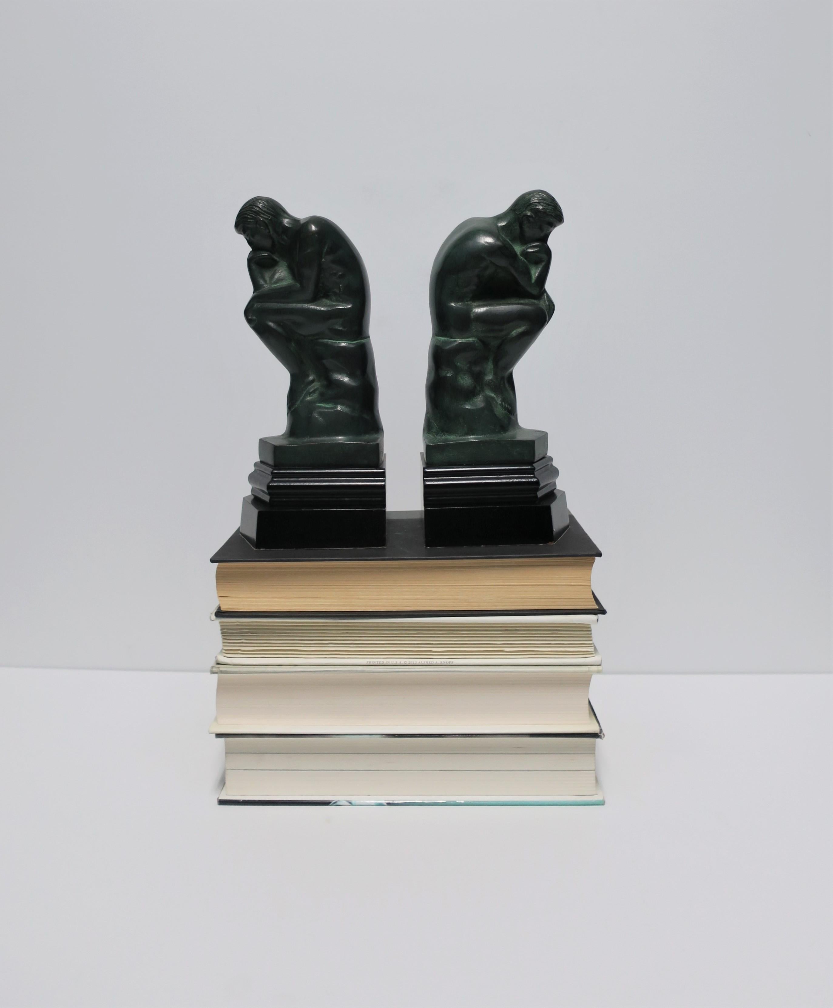 Metal Black and Green Male Sculpture Bookends, Pair