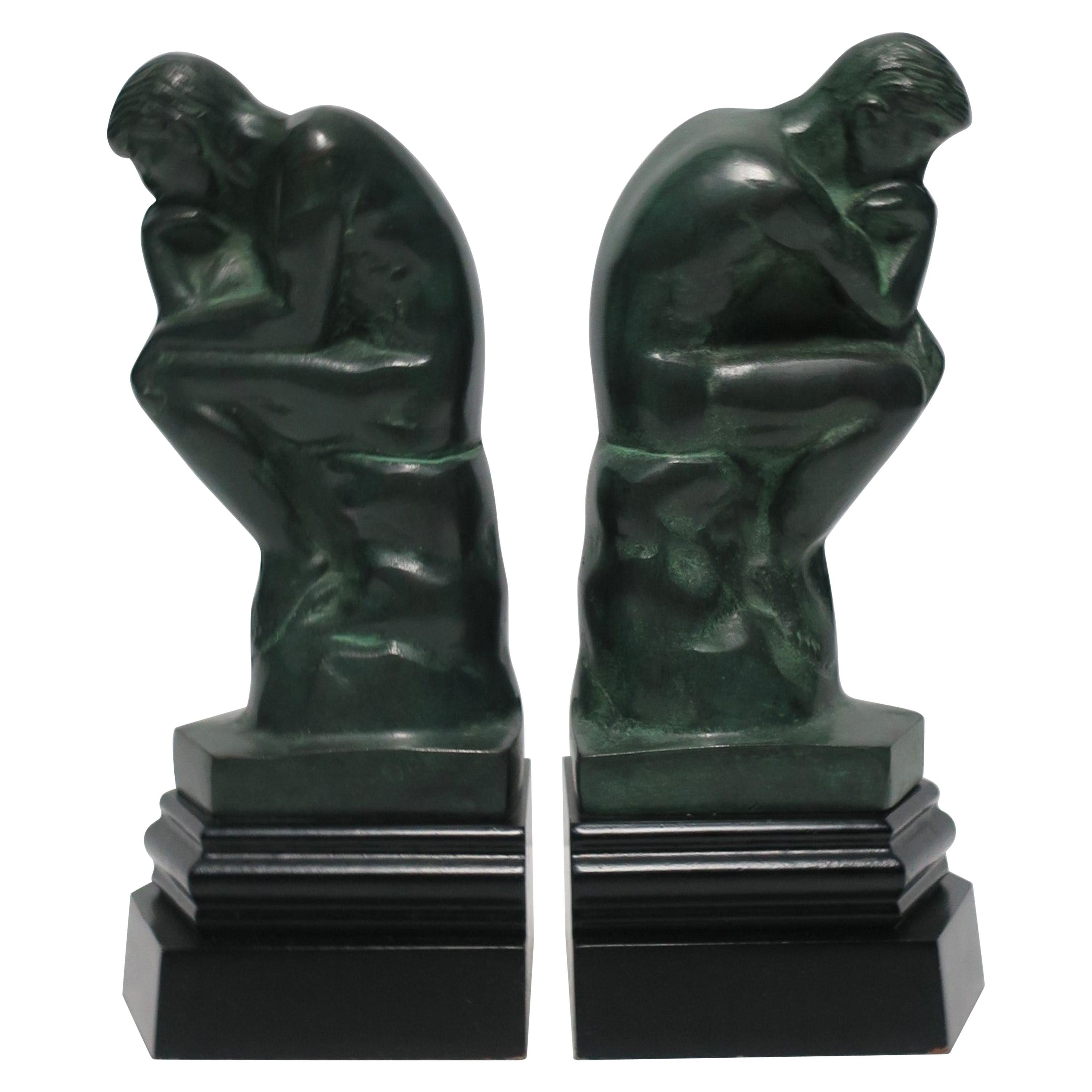 Black and Green Male Sculpture Bookends, Pair