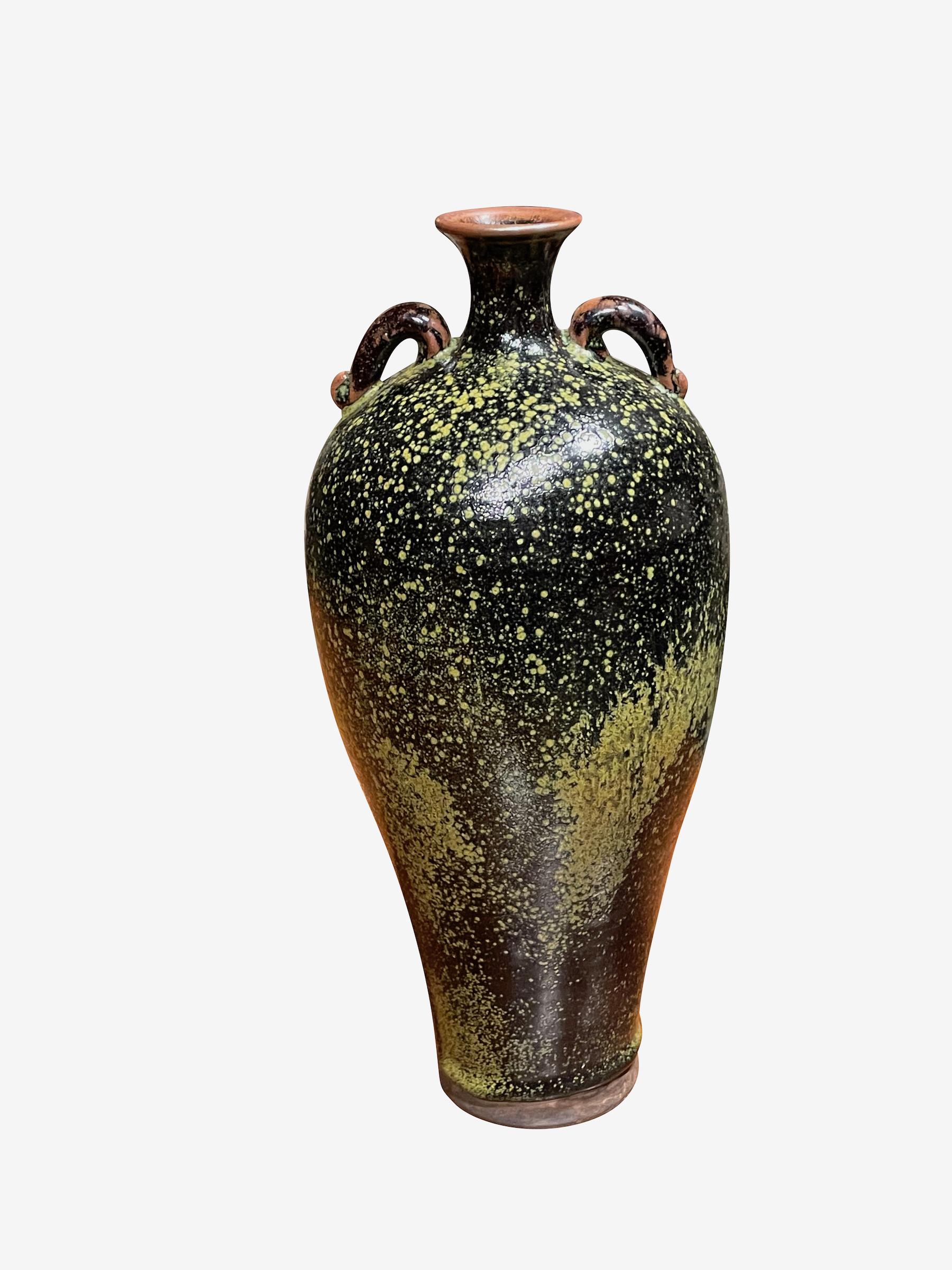 Contemporary Chinese speckled black and green tulip shaped vase 
Two small handles at opening
One of three from a collection that sit well together. ( S6413 / S6414 ).