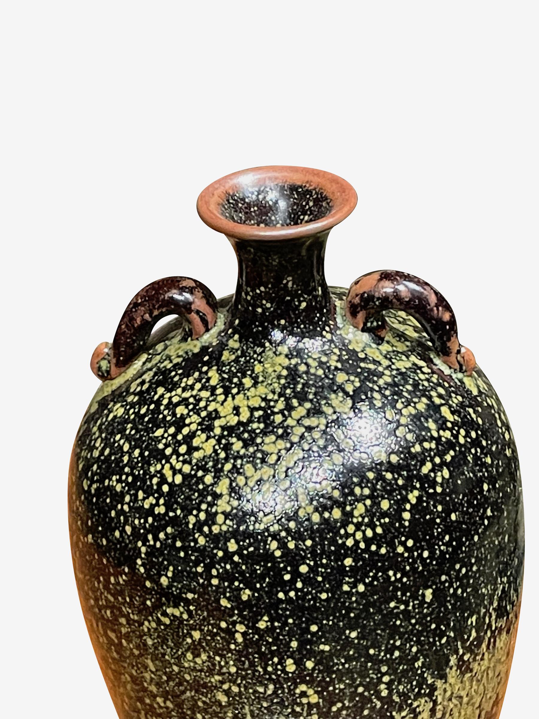 Chinese Black and Green Speckled Vase with Two Small Handles, China, Contemporary For Sale
