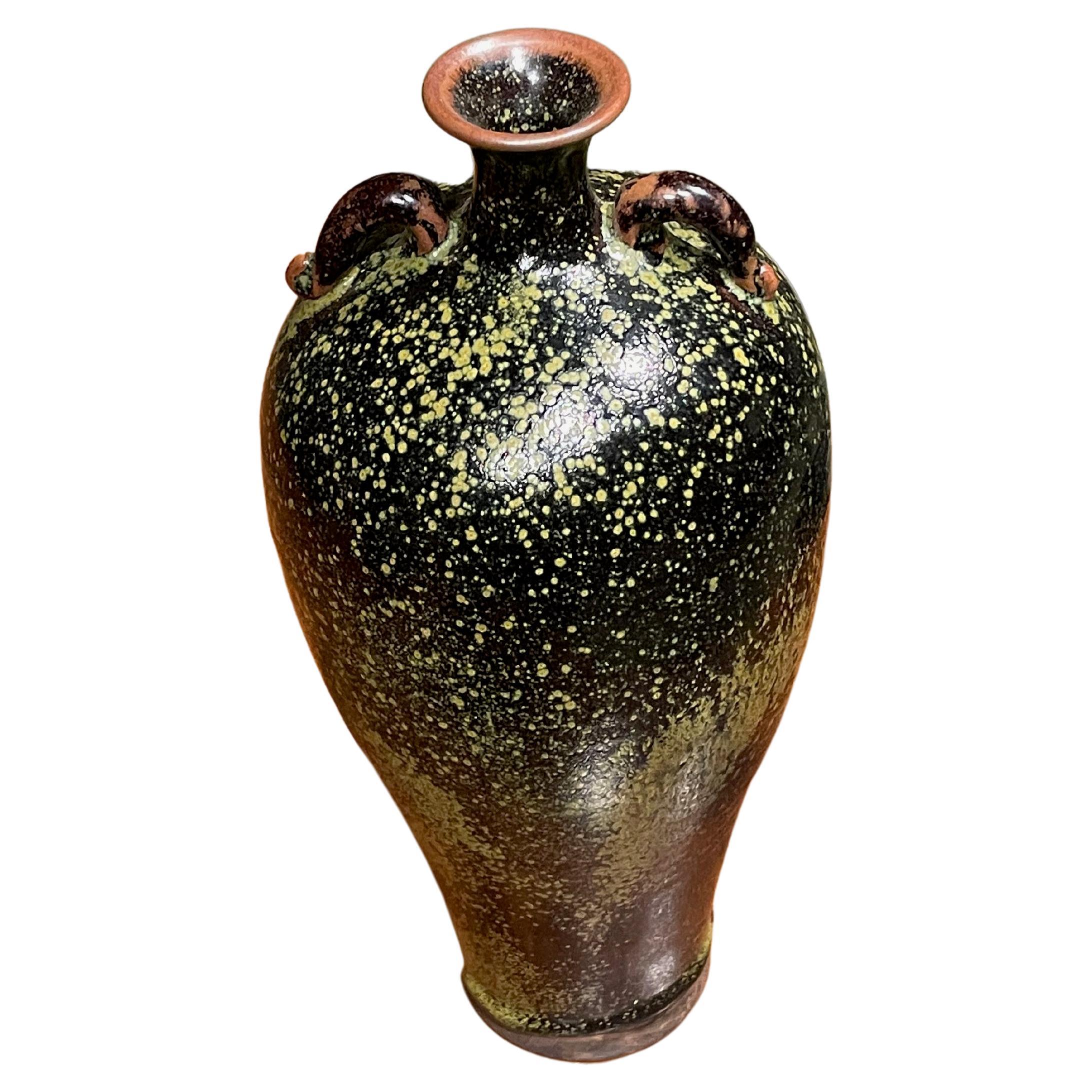 Black and Green Speckled Vase with Two Small Handles, China, Contemporary For Sale