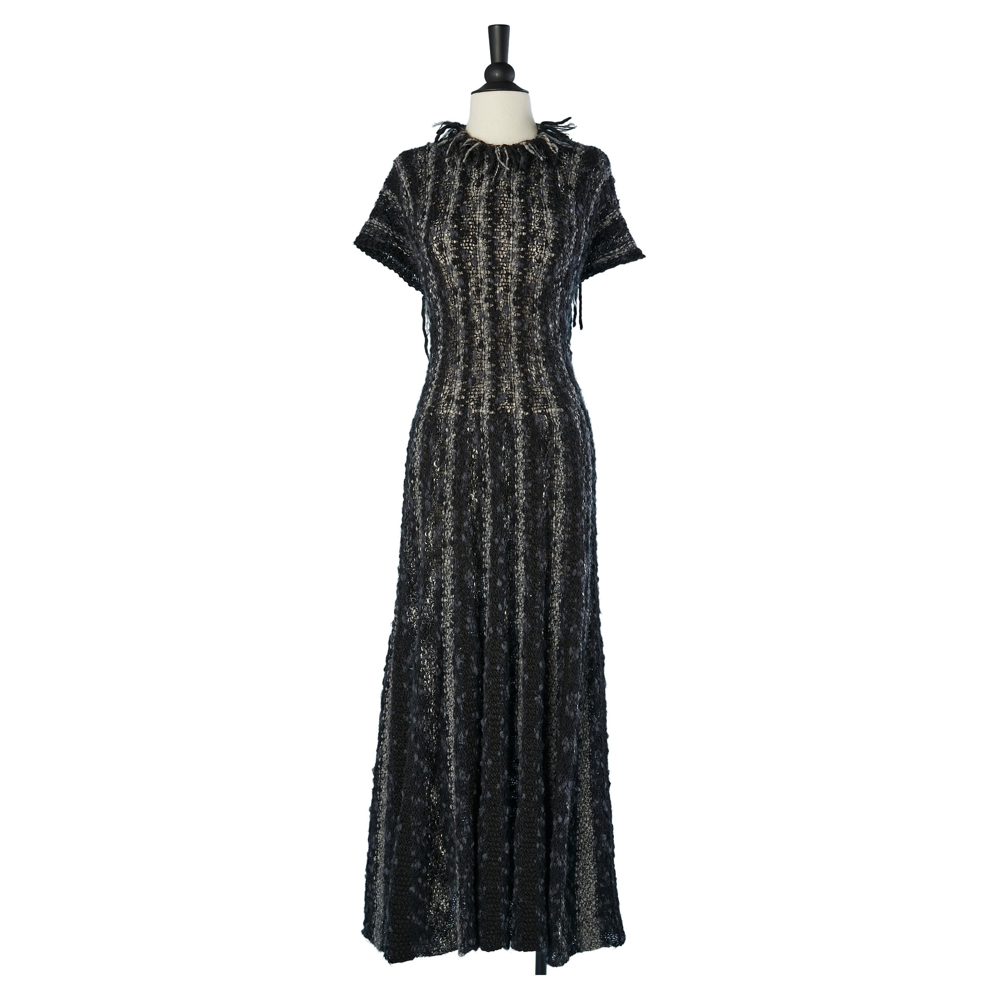 Black and grey chiné knit evening dress with rhinestone back strap Chanel 