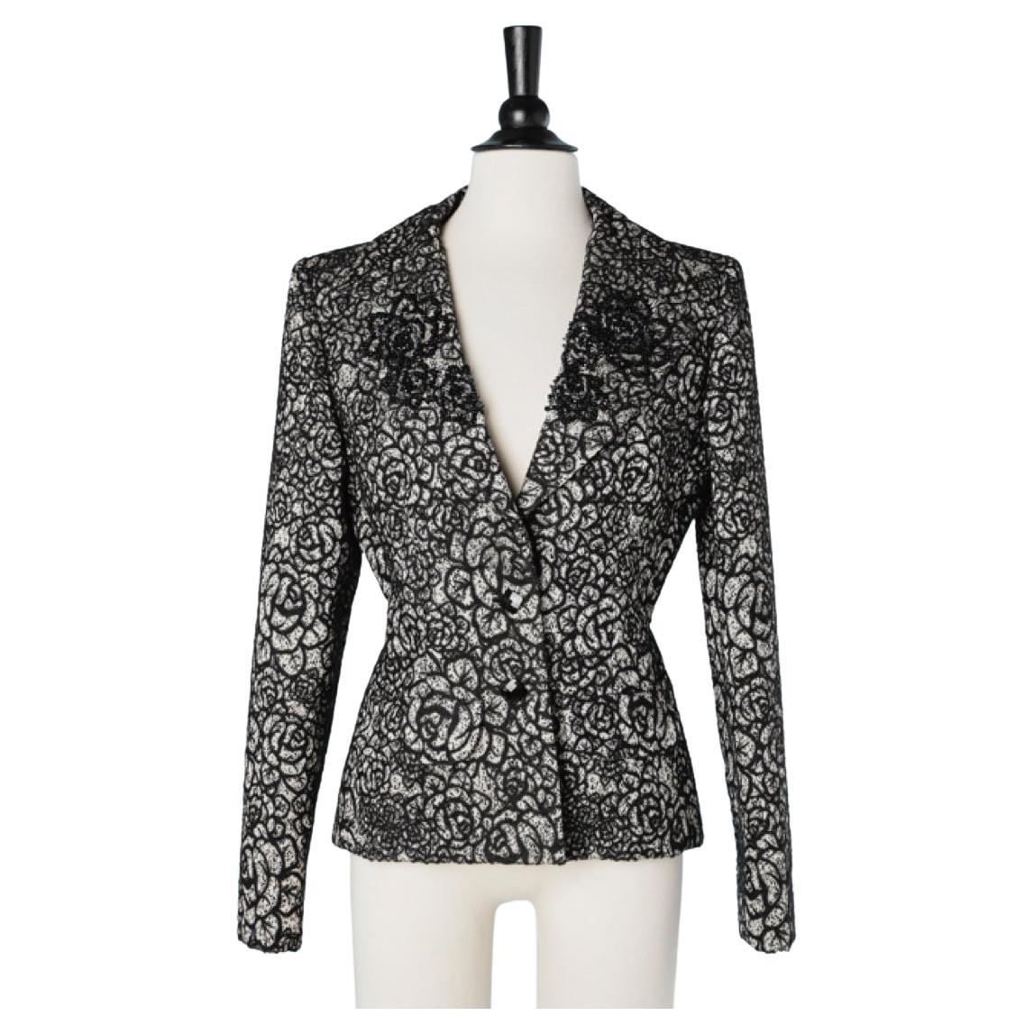 Black and grey damask jacket with beads and sequins collar André Laug  For Sale