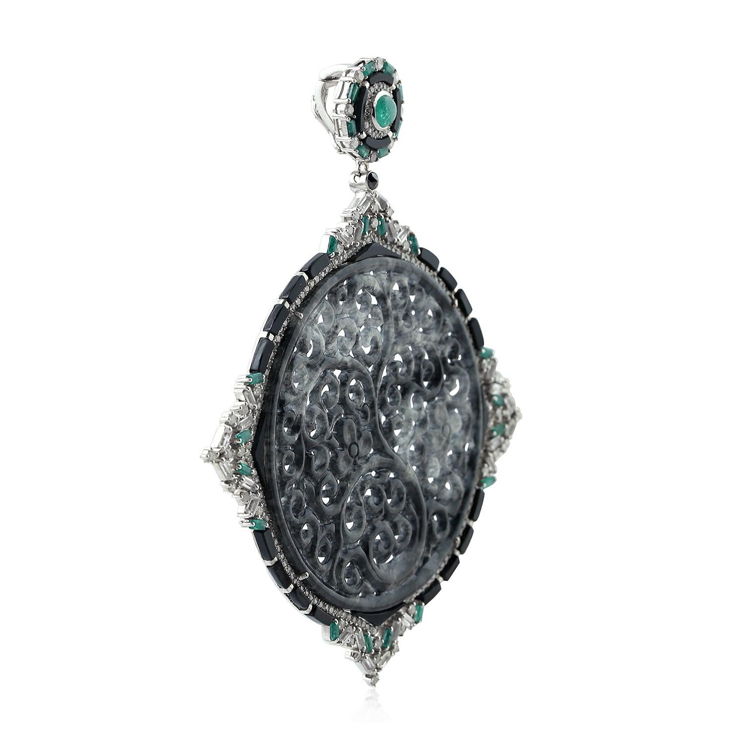 One of a kind beautiful black and grey carved Jade pendant with round and baguette diamonds and emeralds set in 18K white gold and silver is a lovely and bold pendant and can be paired with any long chain you have as the bayle at the back is