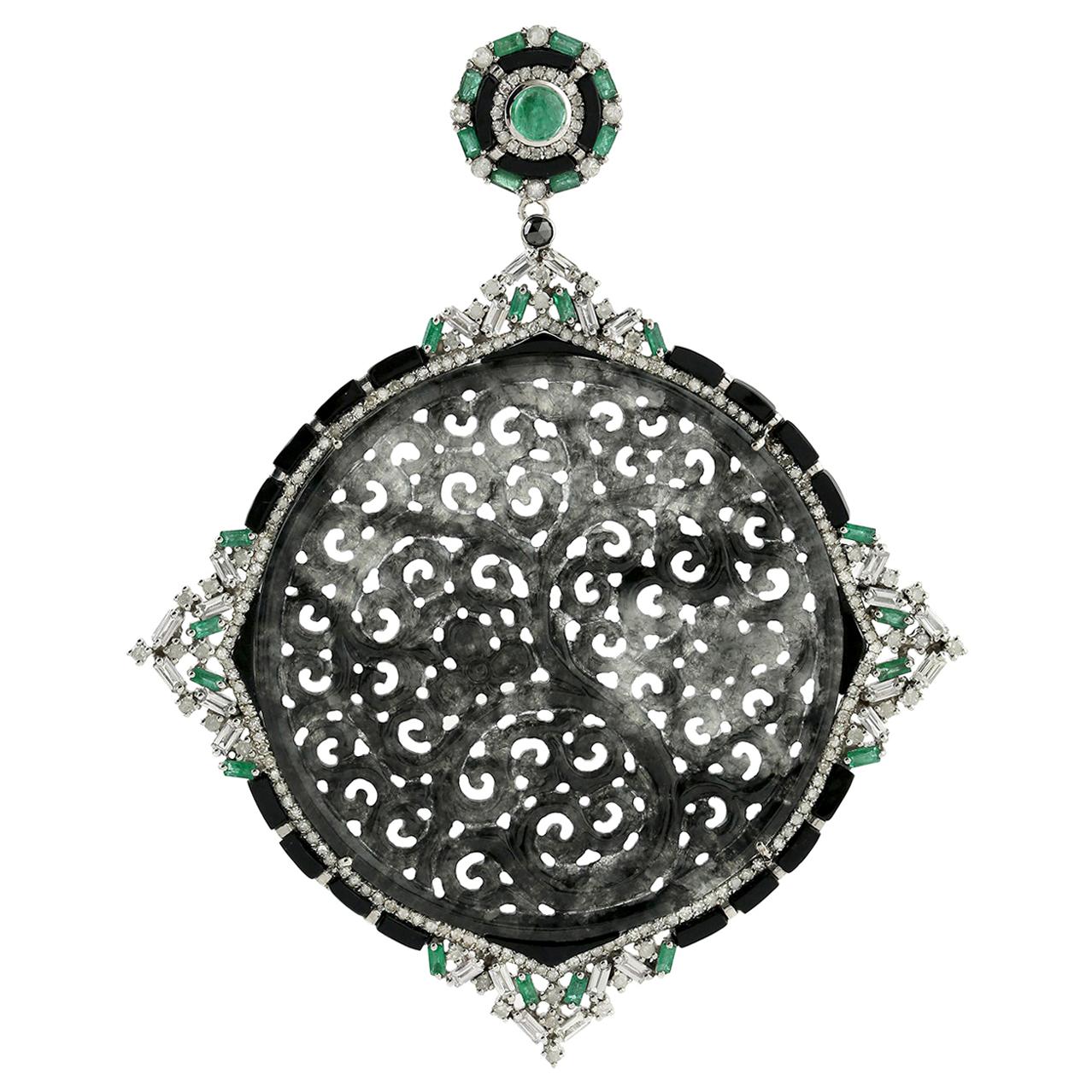 Black and Grey Shaded Carved Jade Pendant with Diamond, Emerald and Black Onyx For Sale