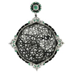 Black and Grey Shaded Carved Jade Pendant with Diamond, Emerald and Black Onyx