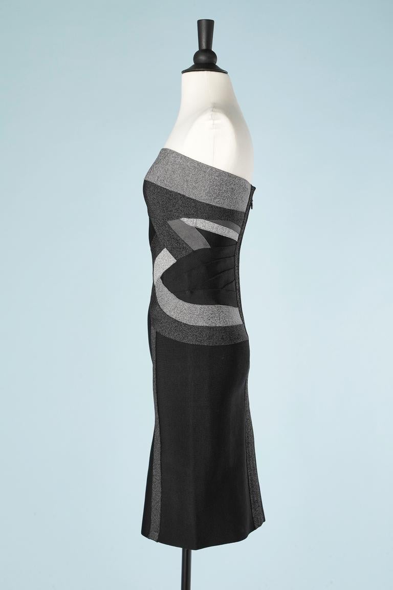 Women's Black and grey stretch knit band cocktail bustier dress Hervé Léger  For Sale