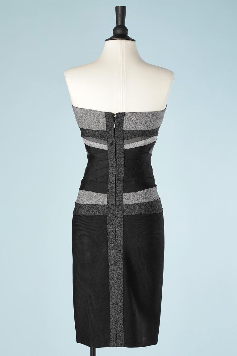 Black and grey stretch knit band cocktail bustier dress Hervé Léger  For Sale 1