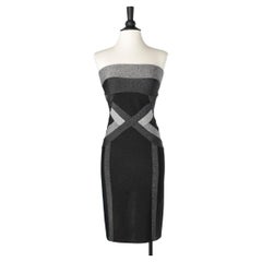 Black and grey stretch knit band cocktail bustier dress Hervé Léger 