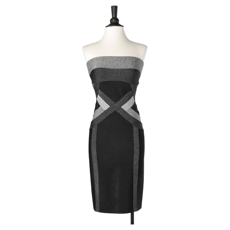 Black and grey stretch knit band cocktail bustier dress Herv Lger For  Sale at 1stDibs | radial balance dress design