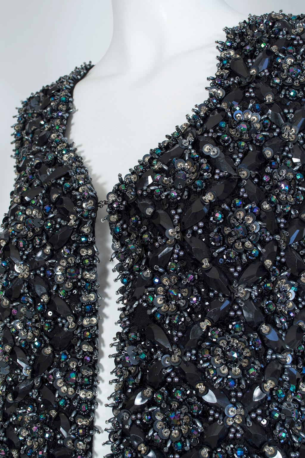 Black and Gunmetal Chandelier Crystal Cutaway Waistcoat Vest, Hong Kong-M, 1960s For Sale 1