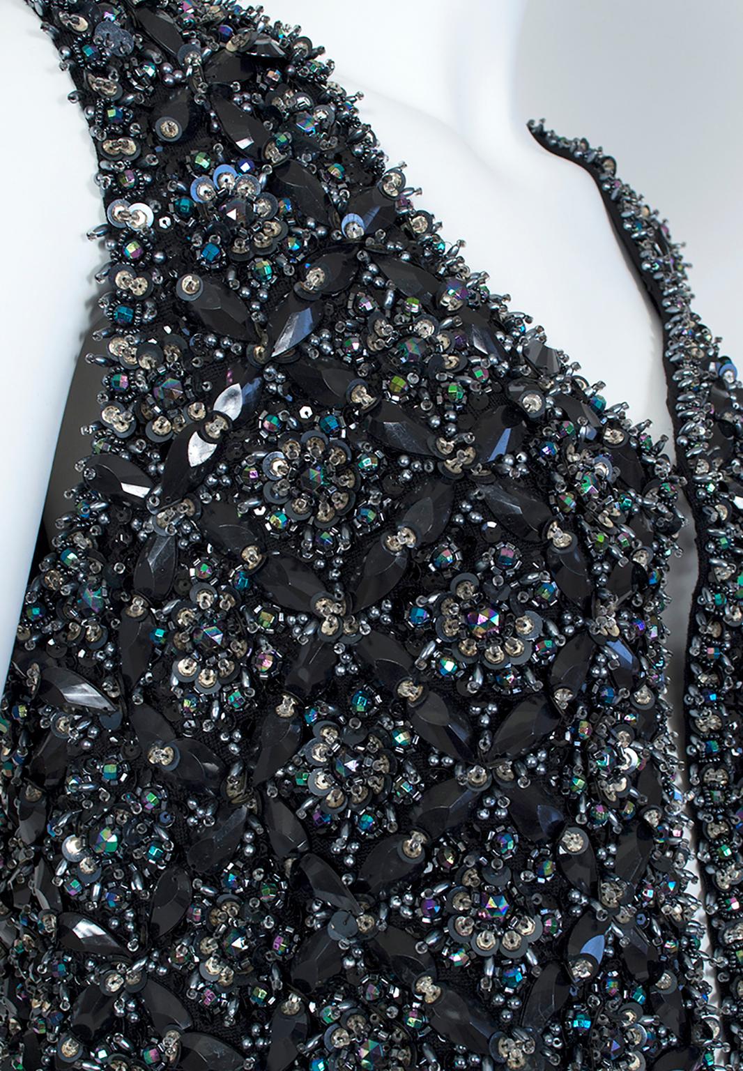 Black and Gunmetal Chandelier Crystal Cutaway Waistcoat Vest, Hong Kong-M, 1960s For Sale 2