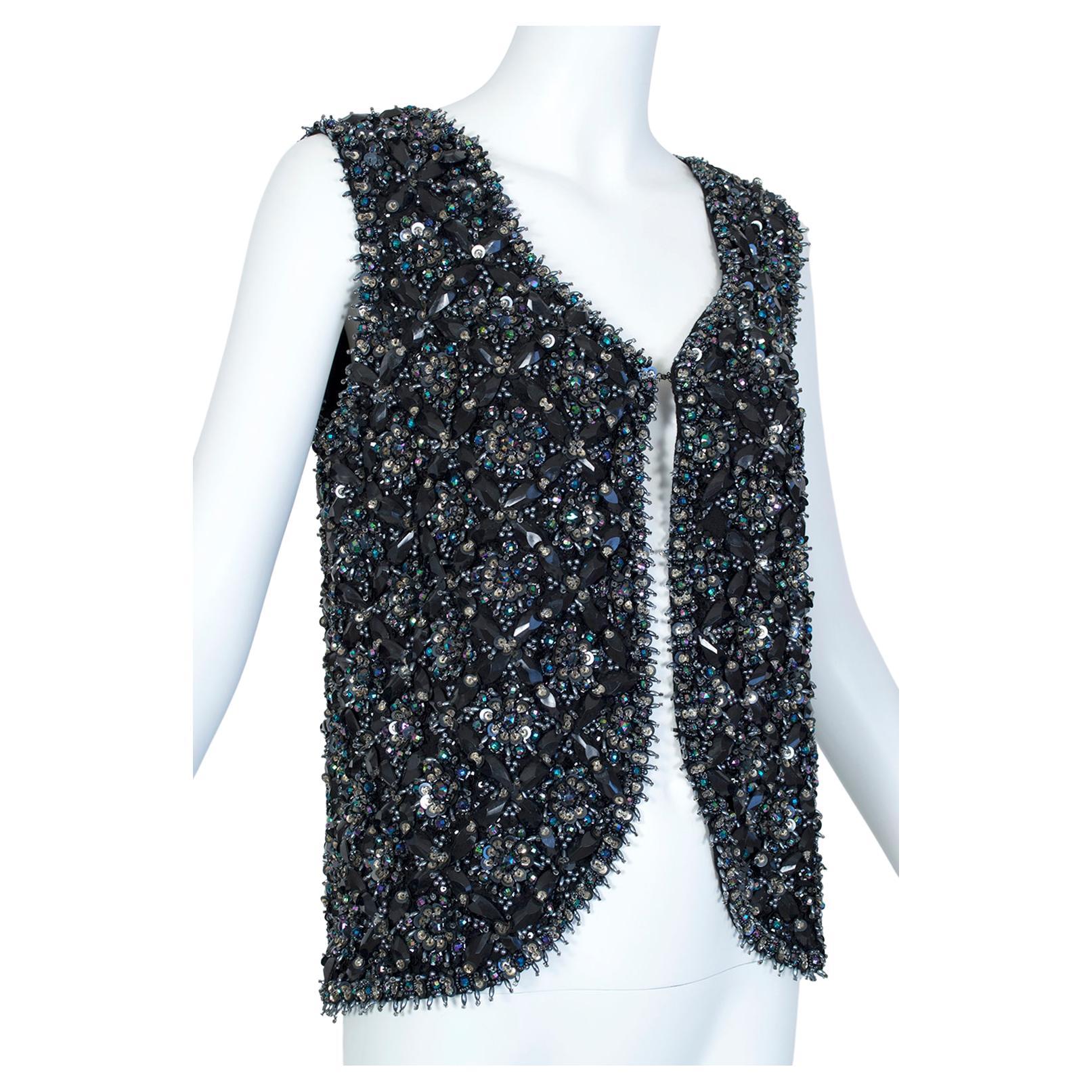 Black and Gunmetal Chandelier Crystal Cutaway Waistcoat Vest, Hong Kong-M, 1960s For Sale