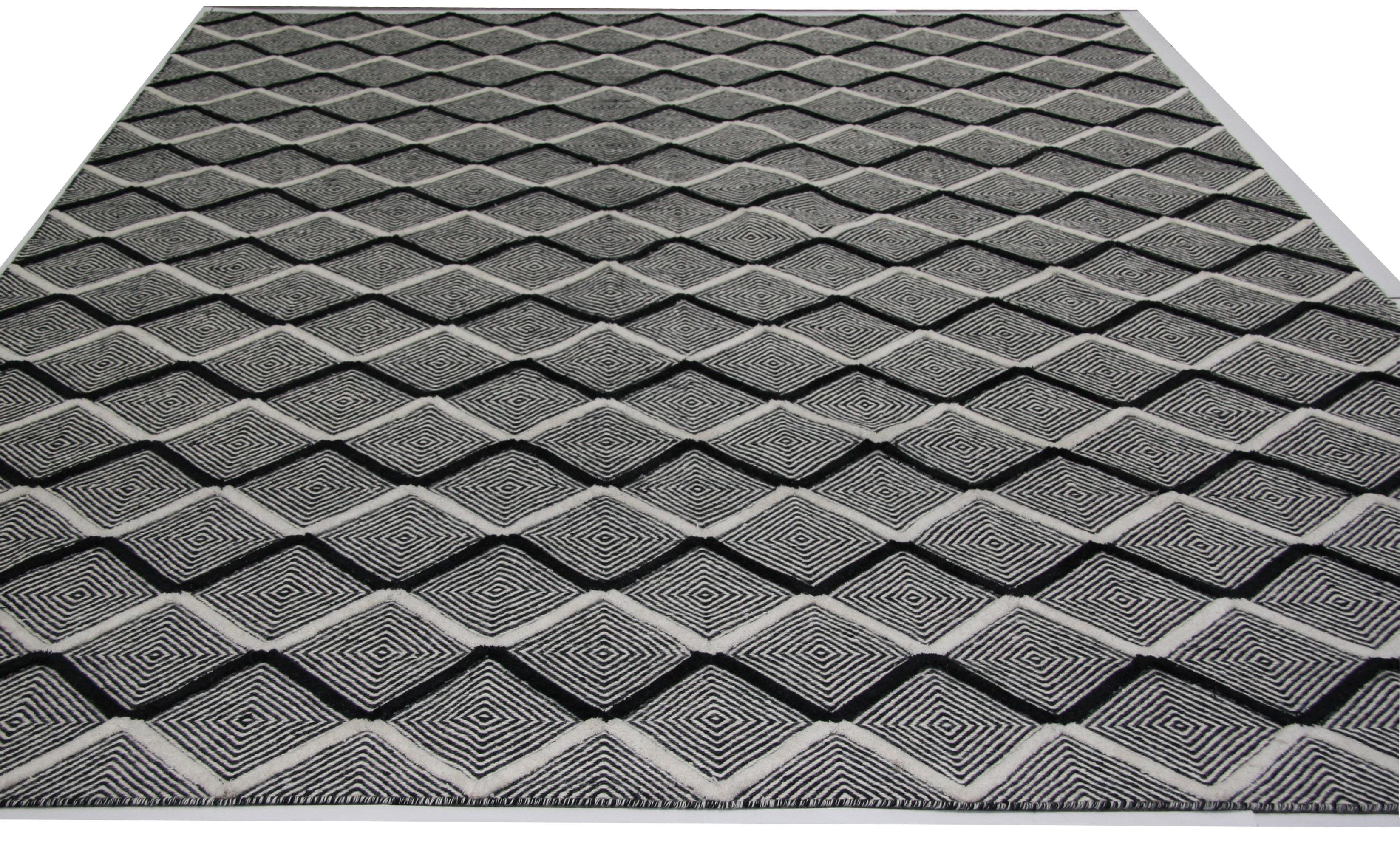 Indian Black and Ivory Diamonds High Low Area Rug For Sale