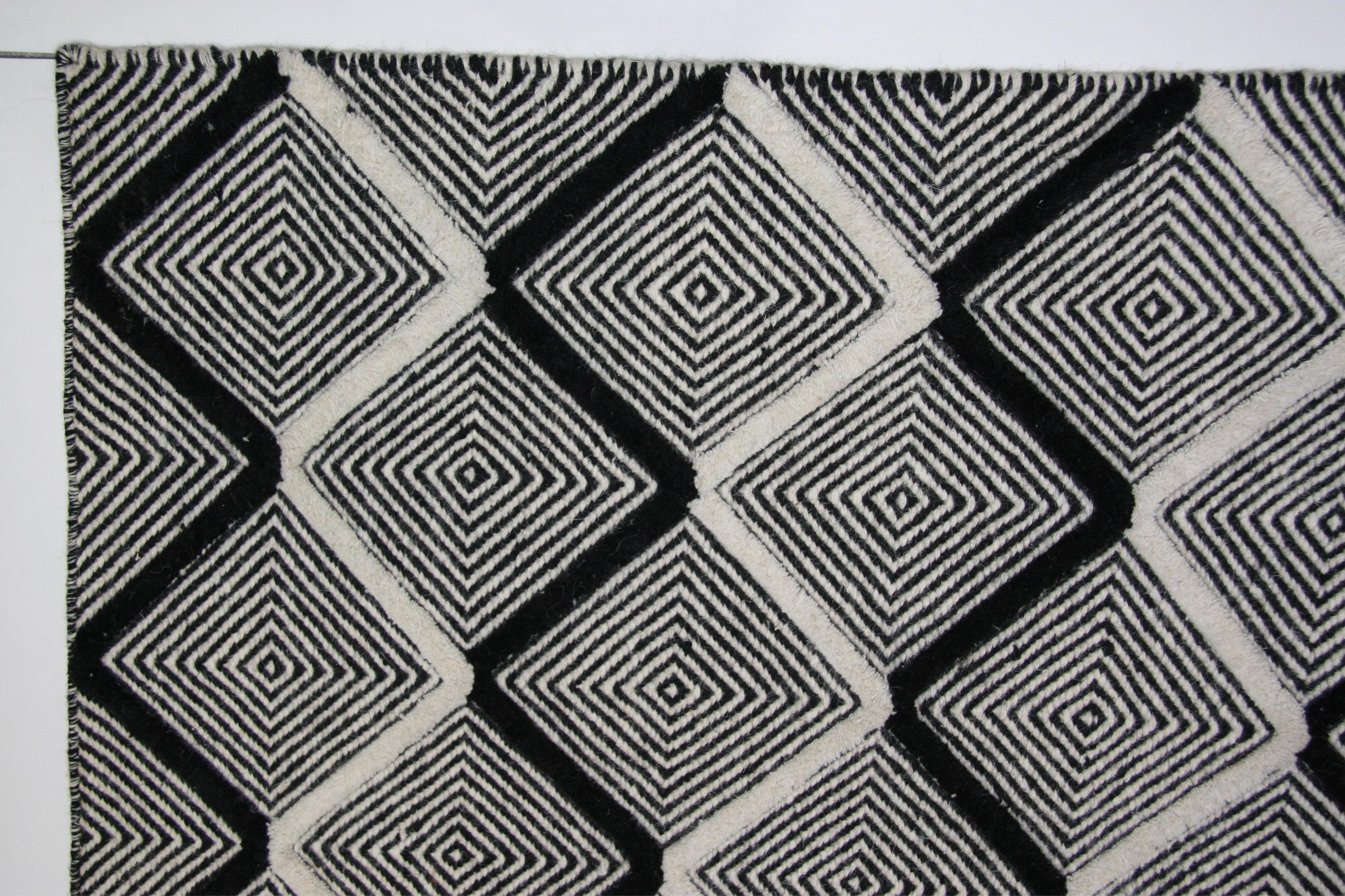 Contemporary Black and Ivory Diamonds High Low Area Rug For Sale