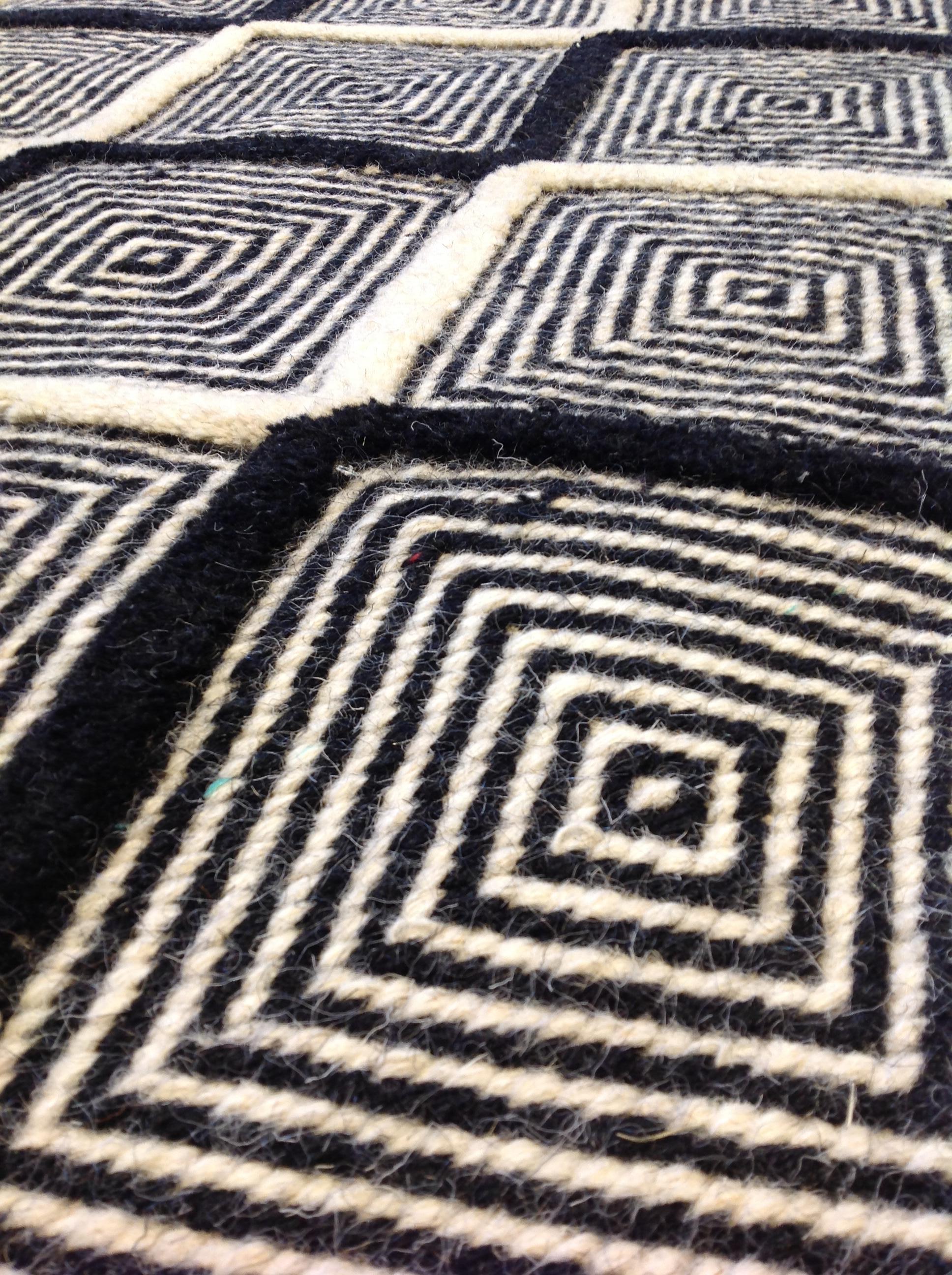 Wool Black and Ivory Diamonds High Low Area Rug For Sale