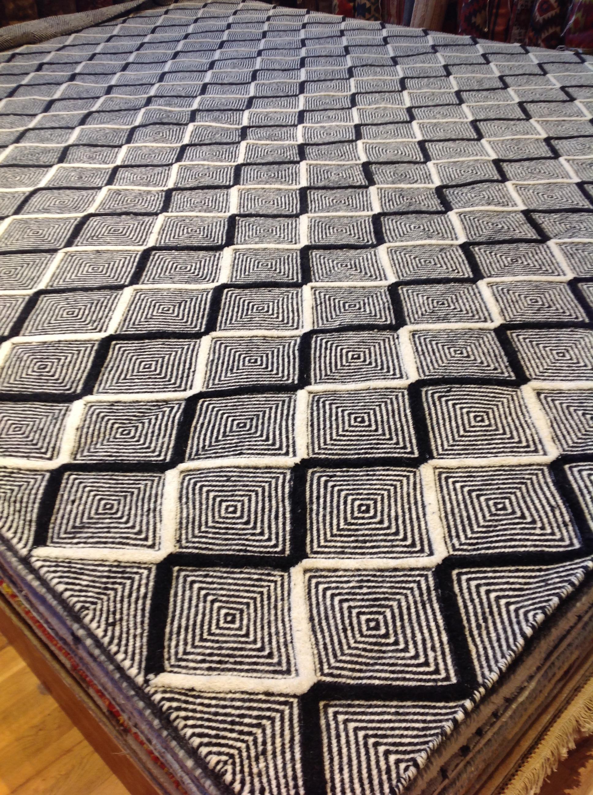 Black and Ivory Diamonds High Low Area Rug For Sale 1
