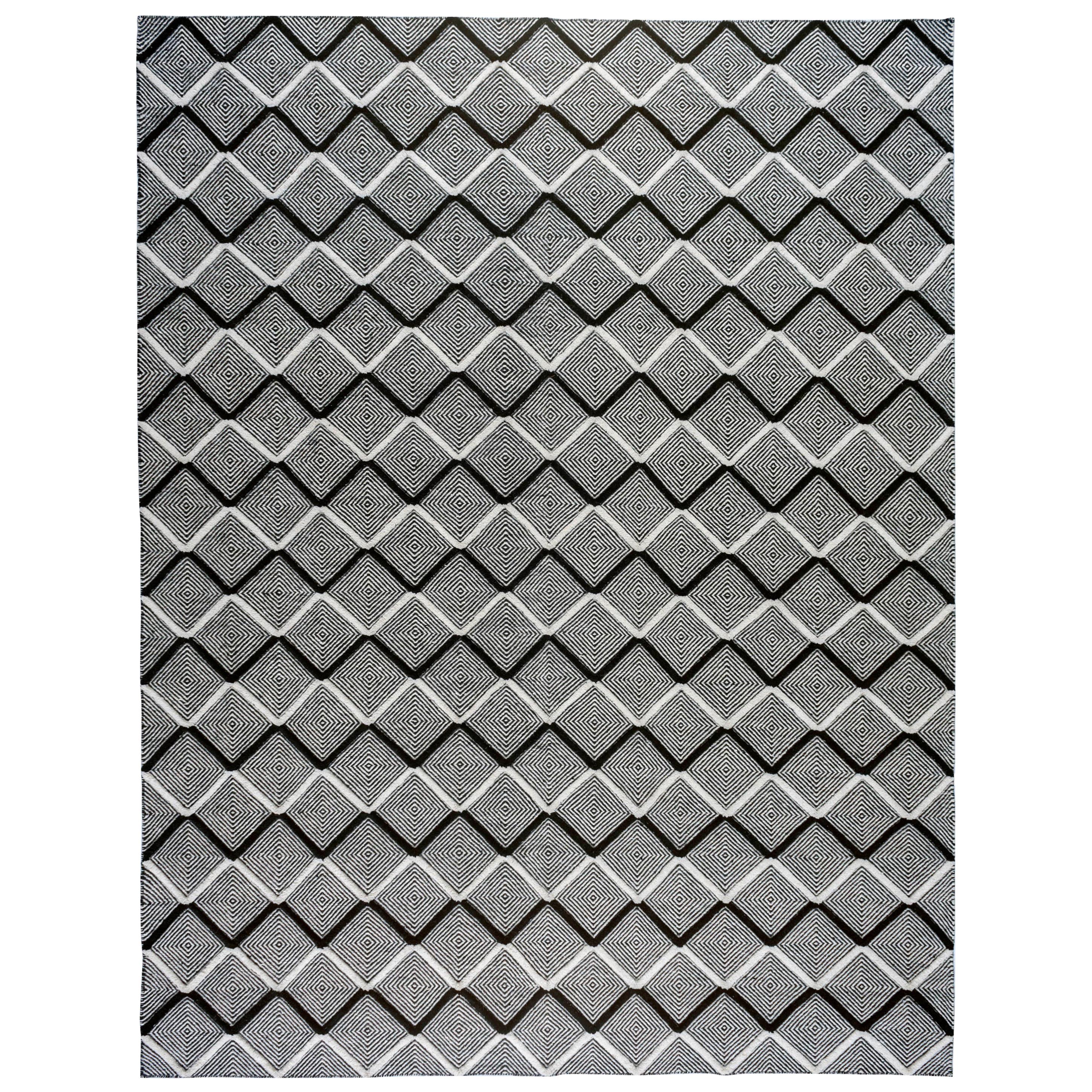 High Low Area Teppich mit schwarzen und elfenbeinfarbenen Diamanten