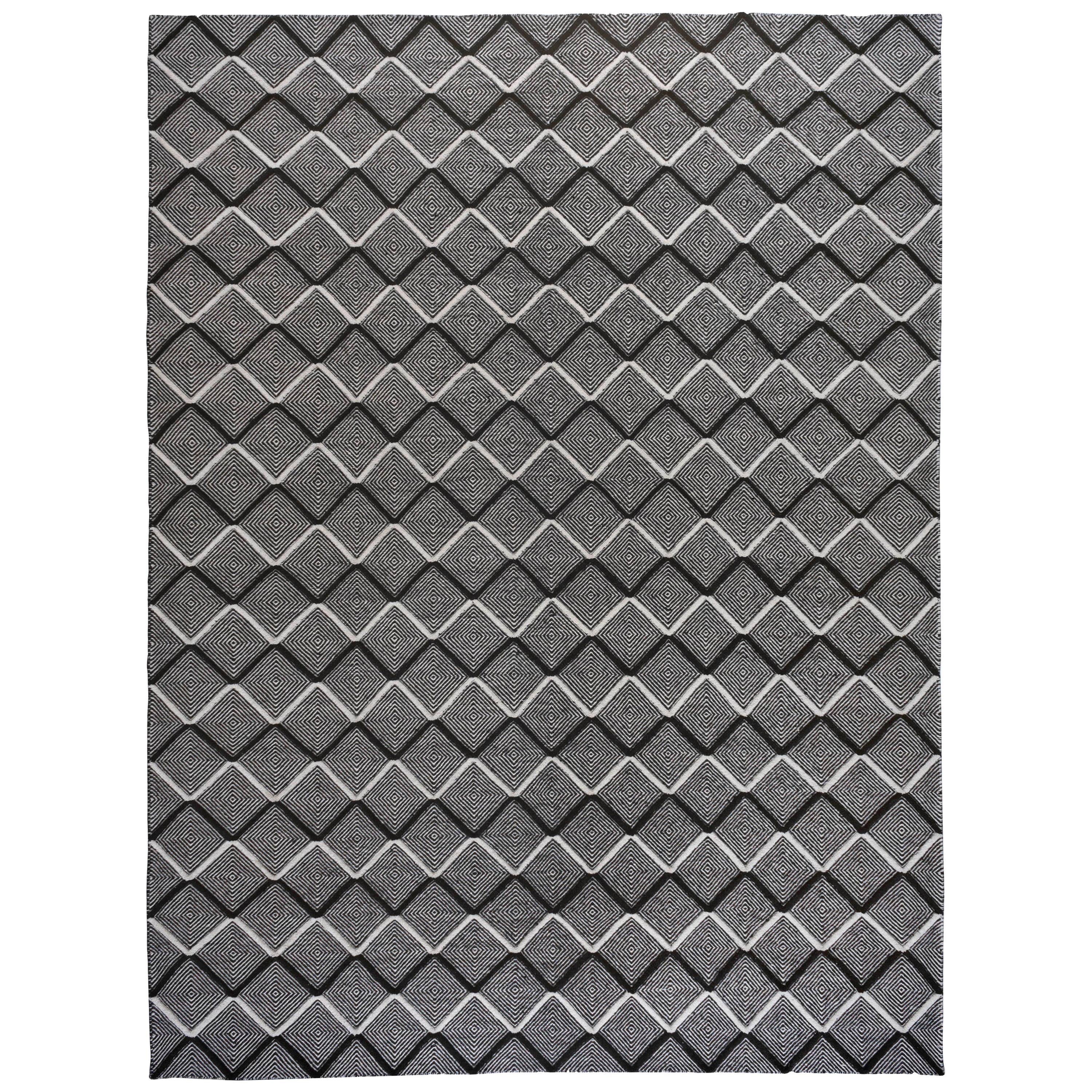 Black and Ivory Diamonds High Low Area Rug For Sale