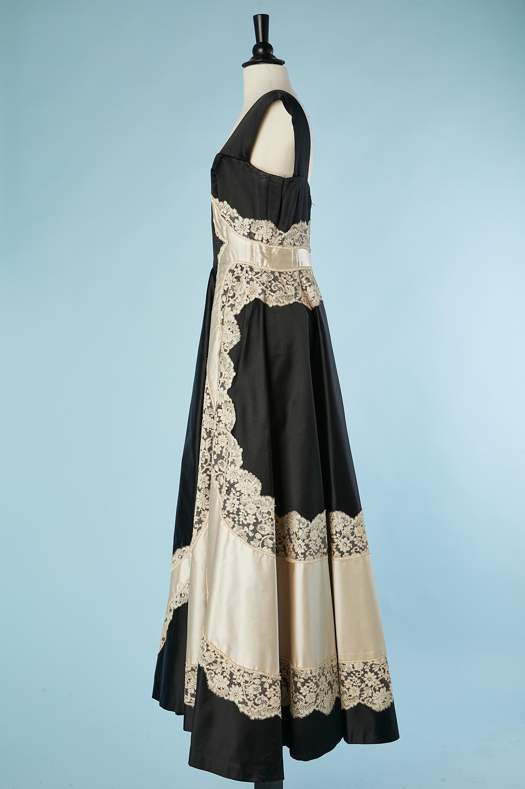 Women's or Men's Black and ivory satin evening dress with lace appliqué Emilio Schuberth Roma  For Sale