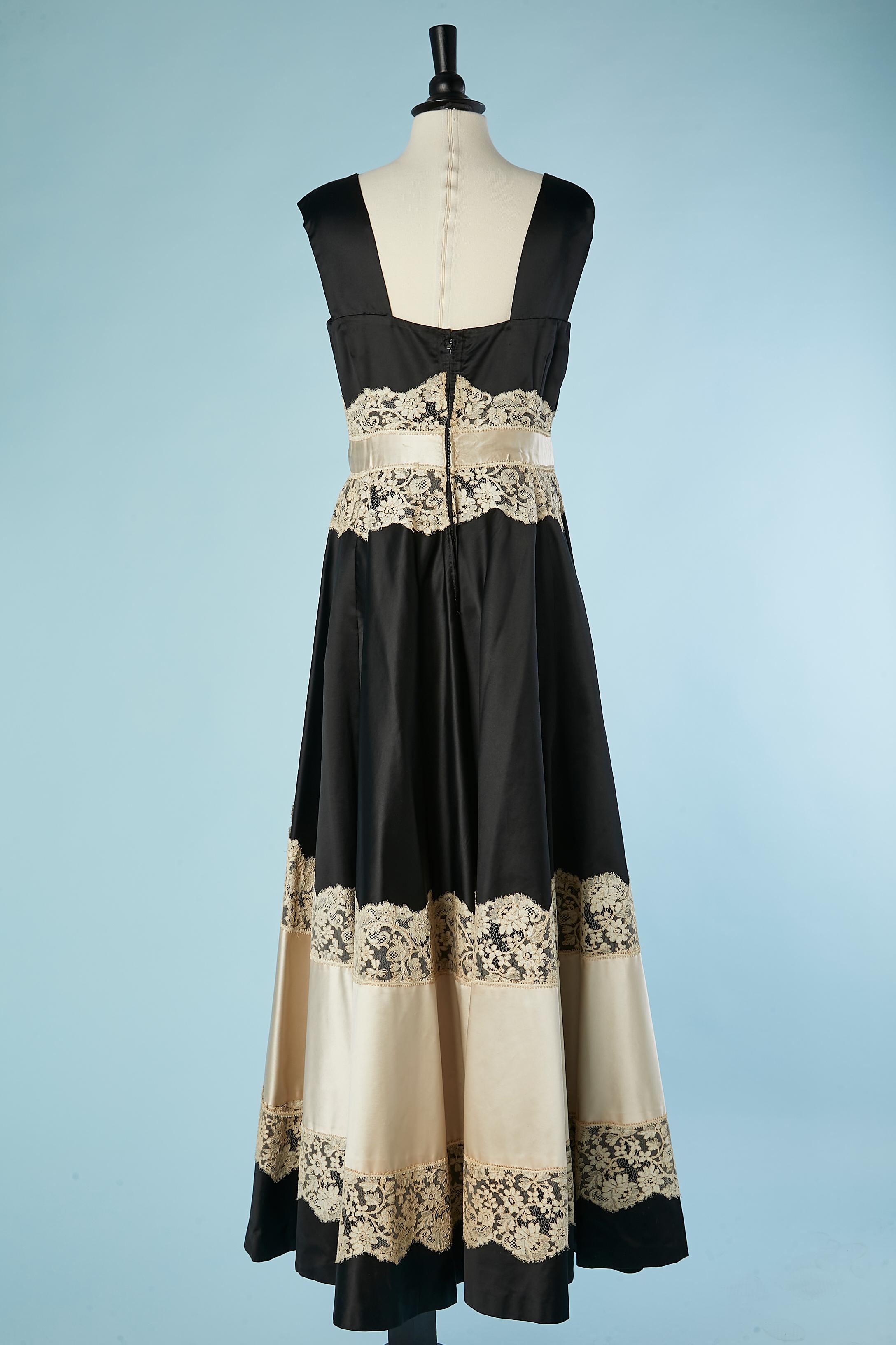 Black and ivory satin evening dress with lace appliqué Emilio Schuberth Roma  For Sale 1