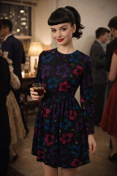 Vintage 1950s Women's Black Lace Fit & Flare Dress with Jewel Tones