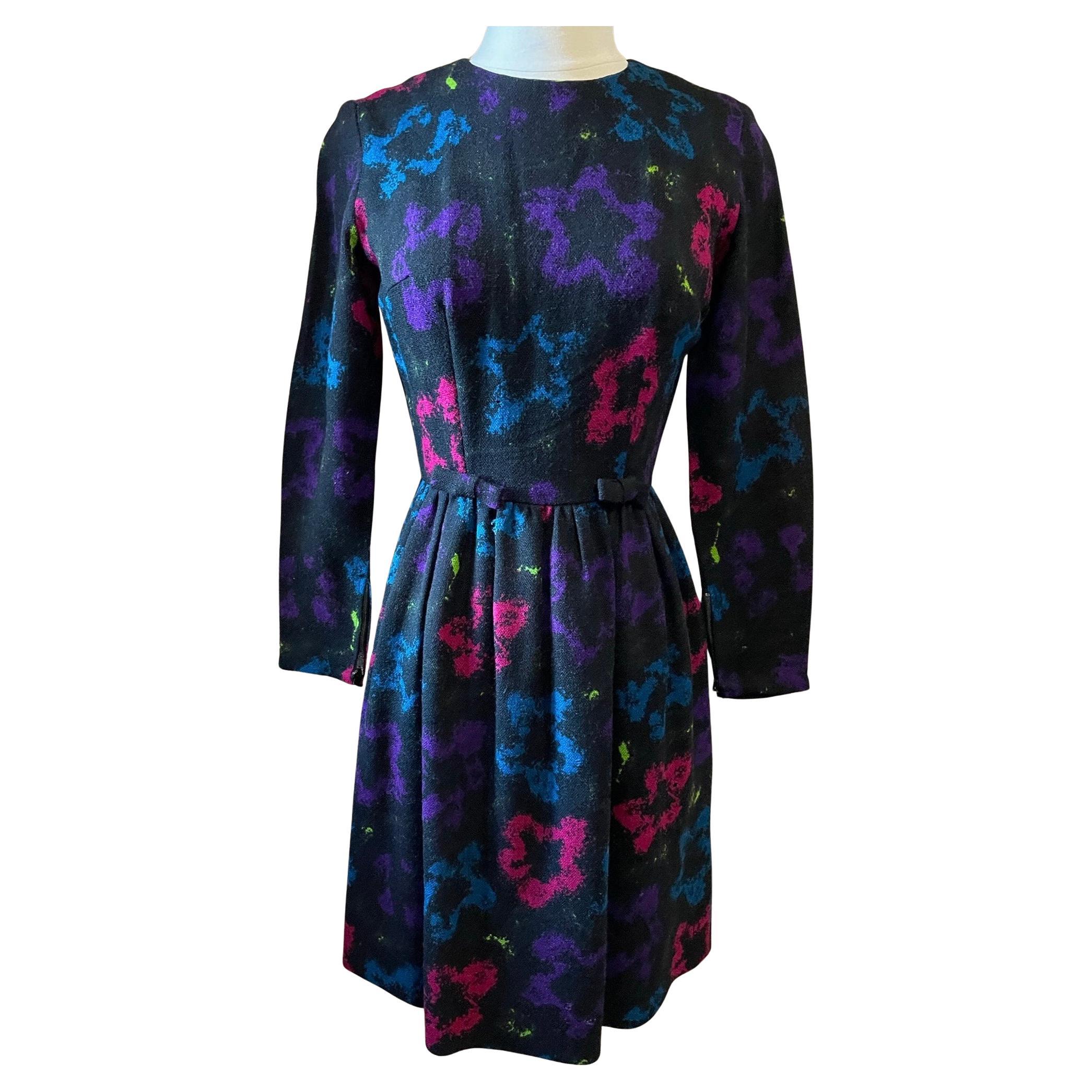 Black and Jewel Tone Wool Dress, Circa 1950s For Sale