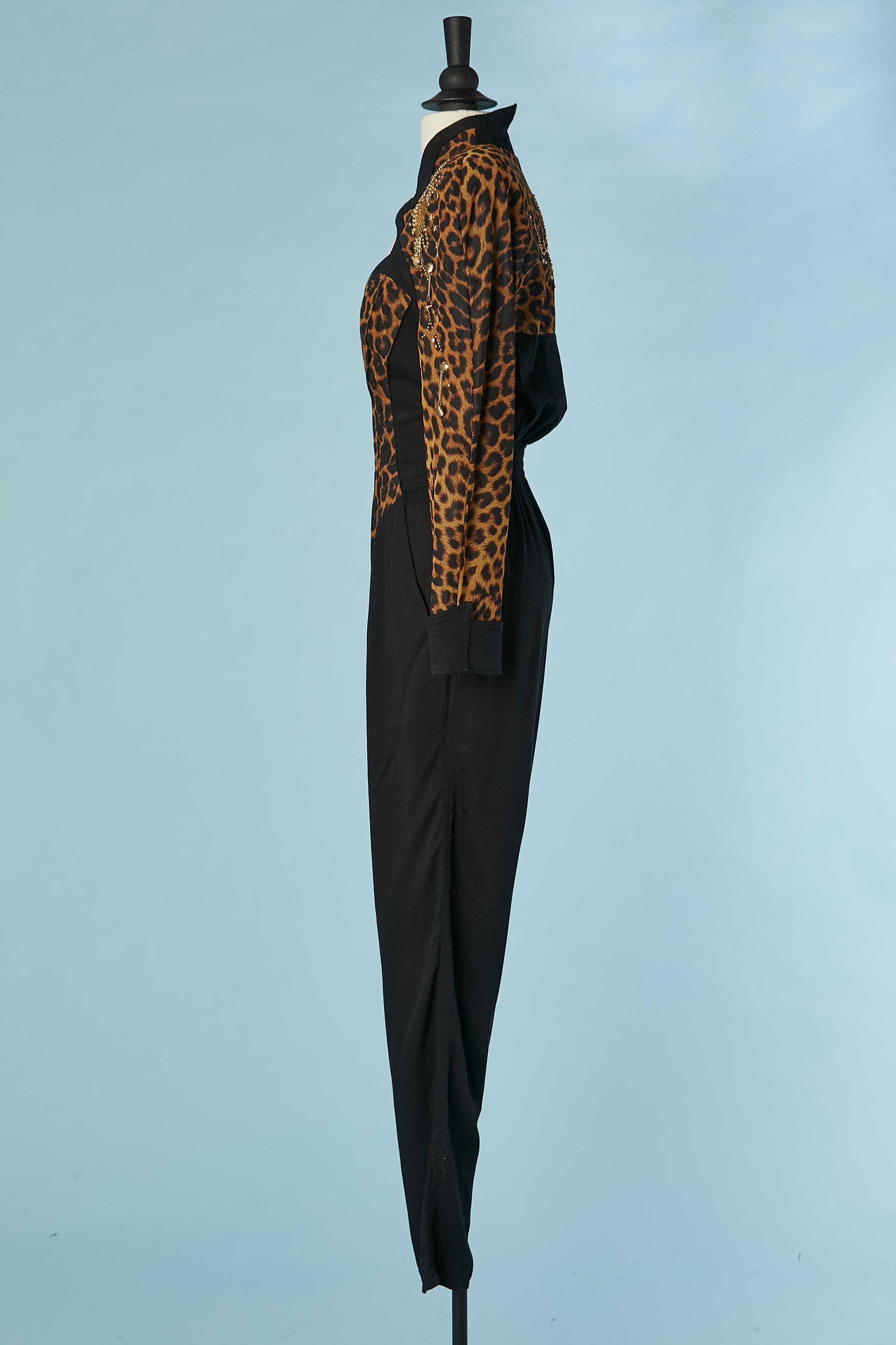 Black and leopard print jumpsuit with gold jewellery embellishement Lillie Rubin For Sale 2