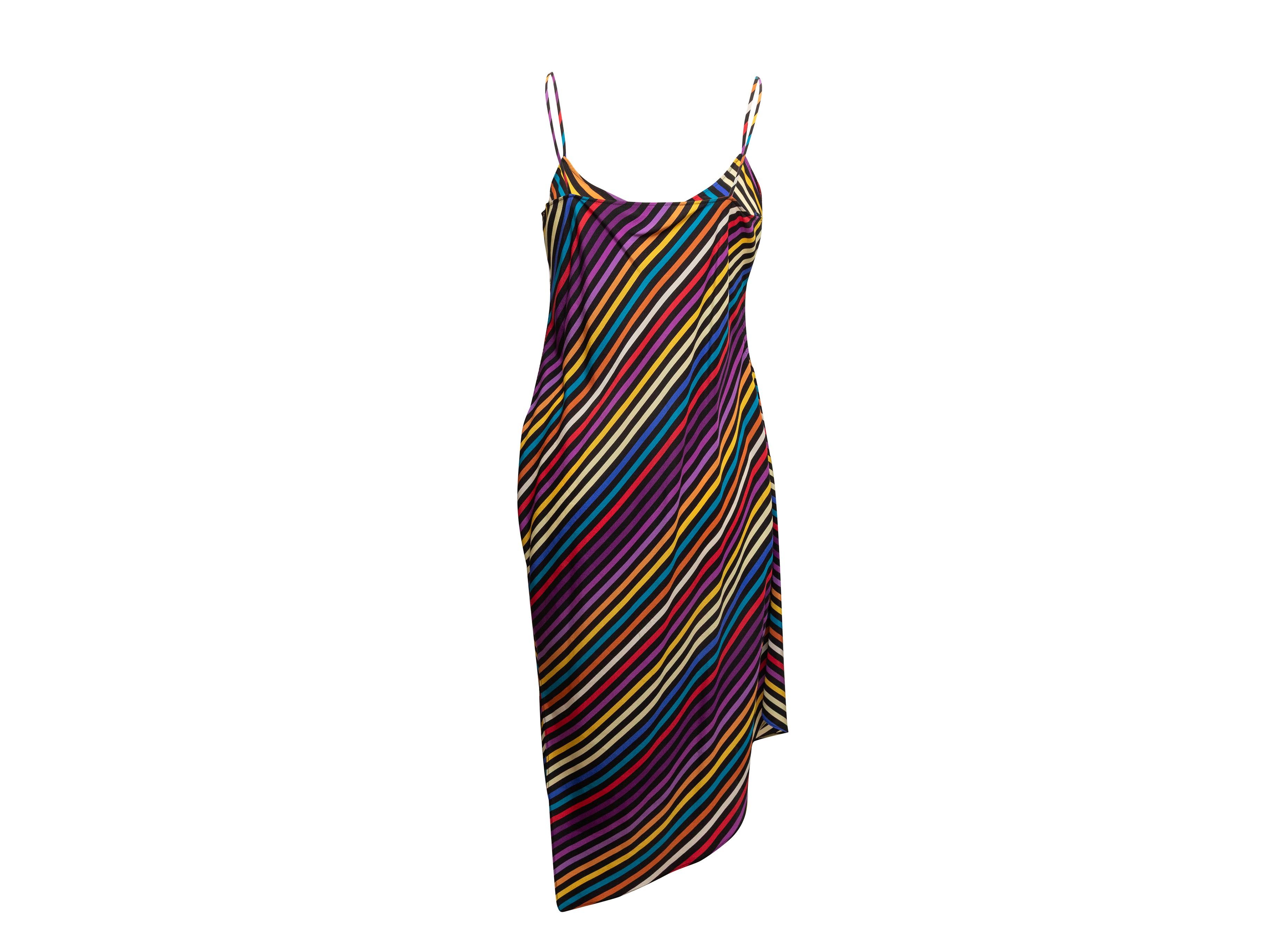 Black and multicolor rainbow striped sleeveless dress by Etro. V-neck. Narrow straps. Asymmetrical hem. 33