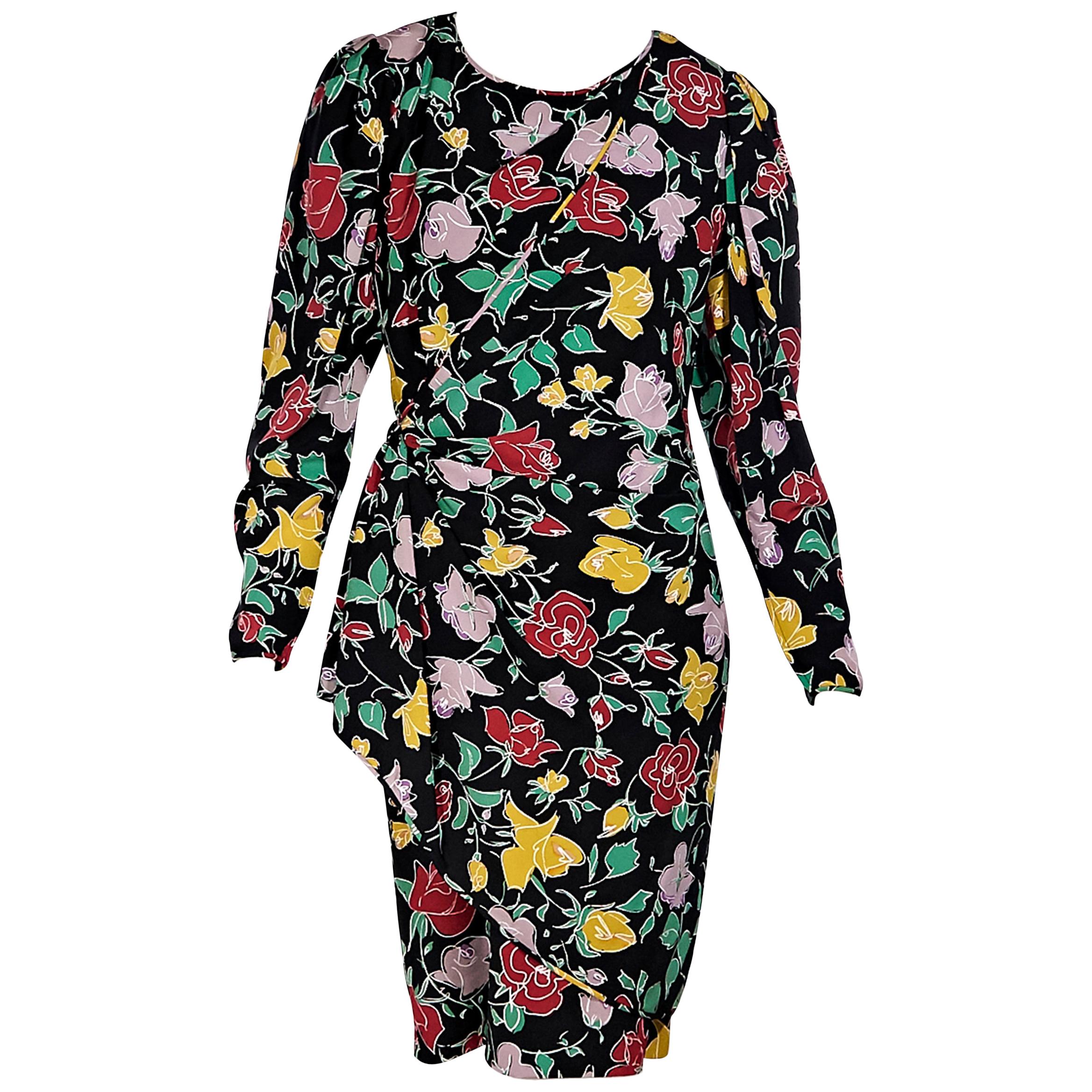 Ungaro Black And Multicolor Silk Floral-Printed Dress