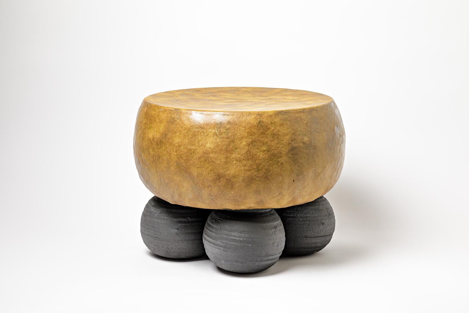 Beaux Arts Black and Mustard Glazed Ceramic Stool or Coffee Table by Mia Jensen, 2023 For Sale