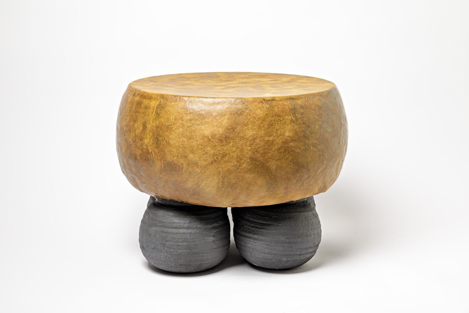 French Black and Mustard Glazed Ceramic Stool or Coffee Table by Mia Jensen, 2023 For Sale
