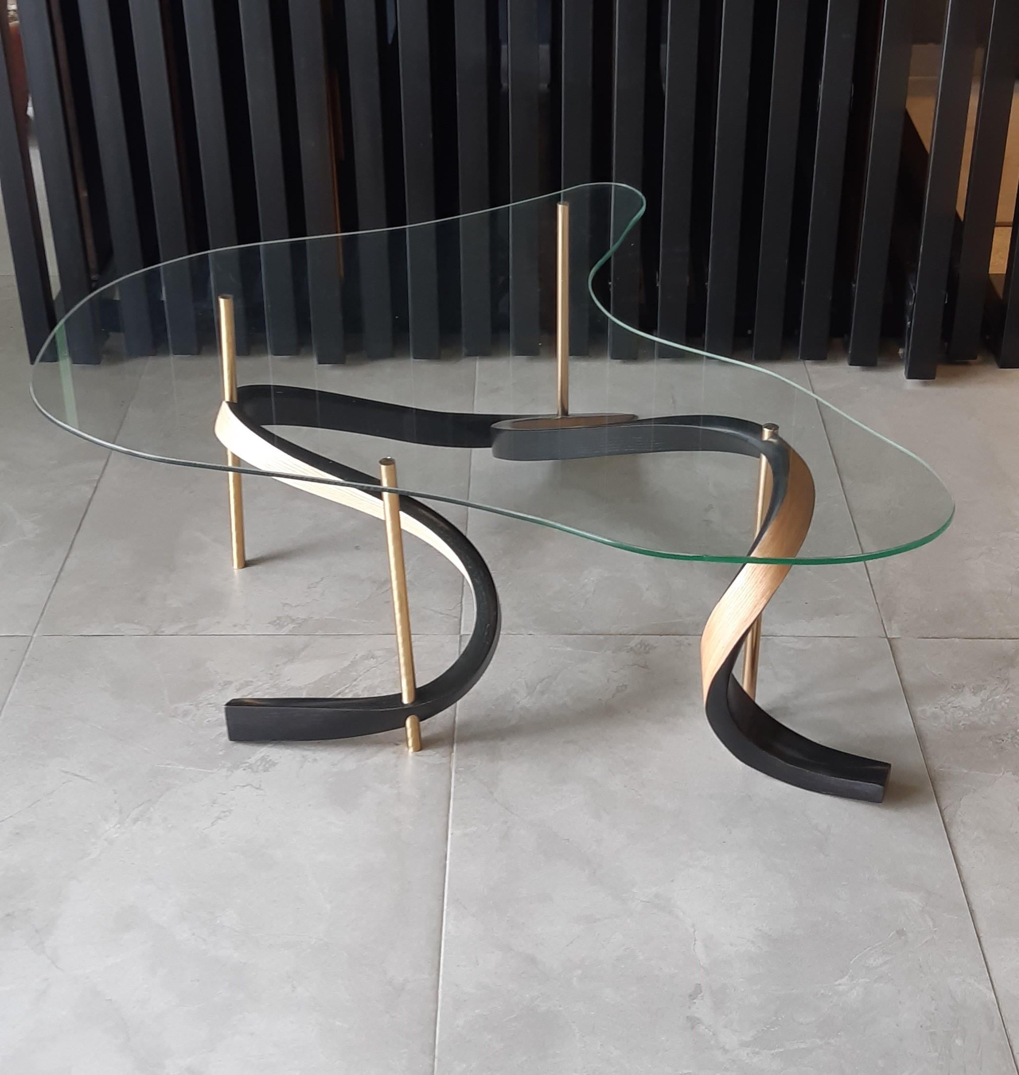Modern Table B4 - Vrksa Series by Raka Studio in Black and Natural Bentwood with Brass For Sale
