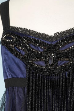 Black and night blue dress with silk , tulle and beads HIGH