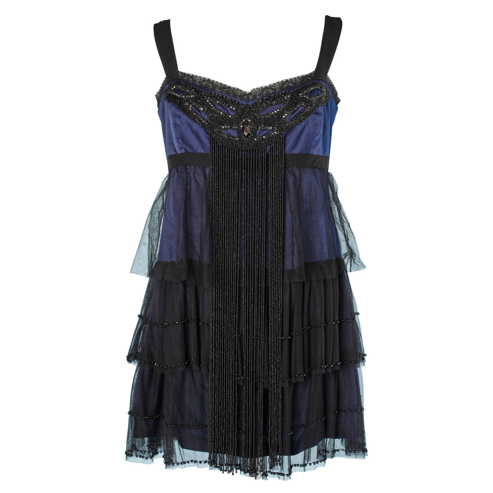 Black and night blue dress with silk , tulle and beads HIGH For Sale