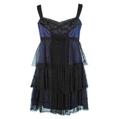Schwarzes und Nachtblaues Kleid mit Seide, Tüll und Perlen HIGH