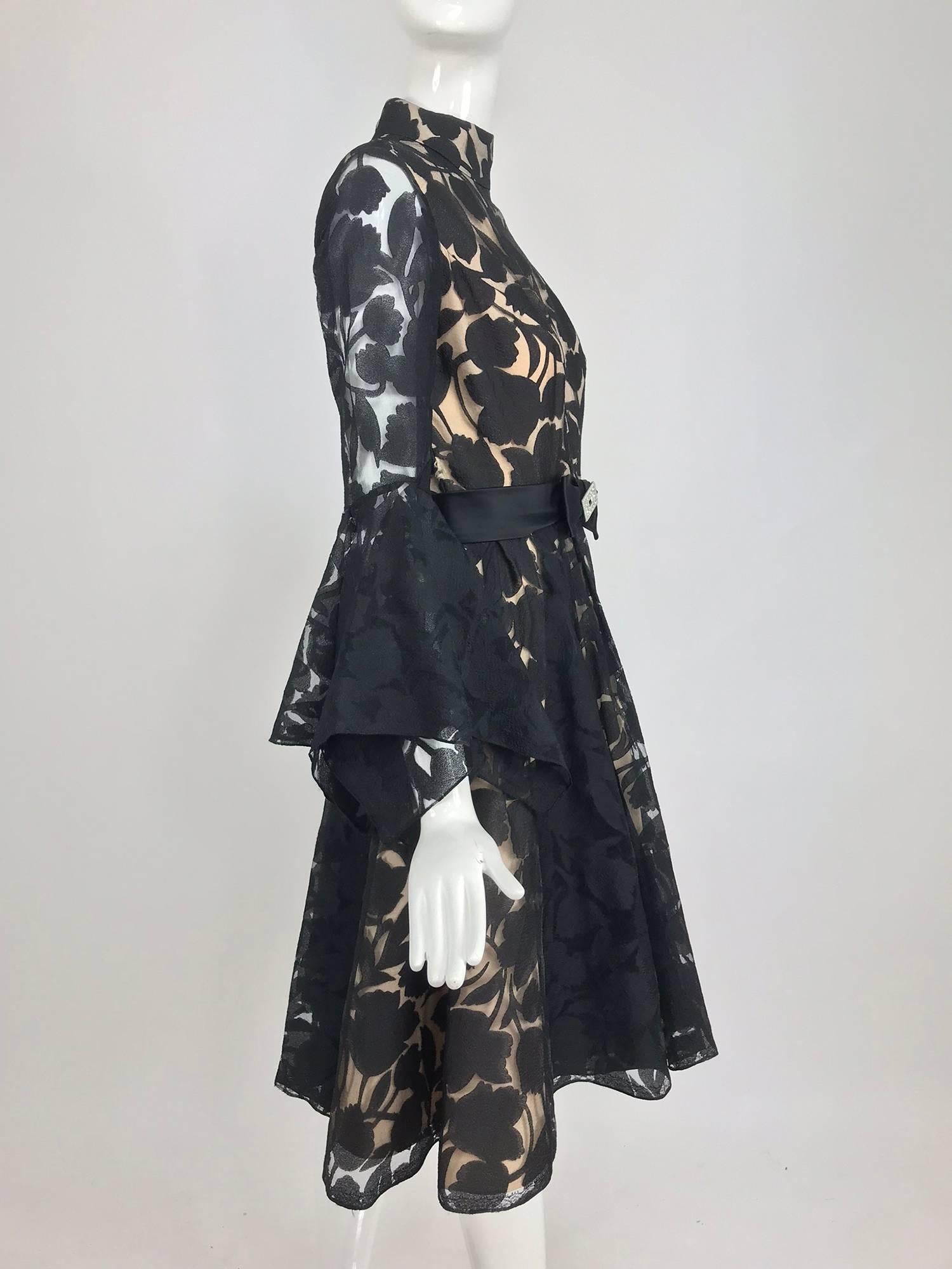 Black and nude voided organza handkerchief sleeve dress, 1960s In Excellent Condition In West Palm Beach, FL