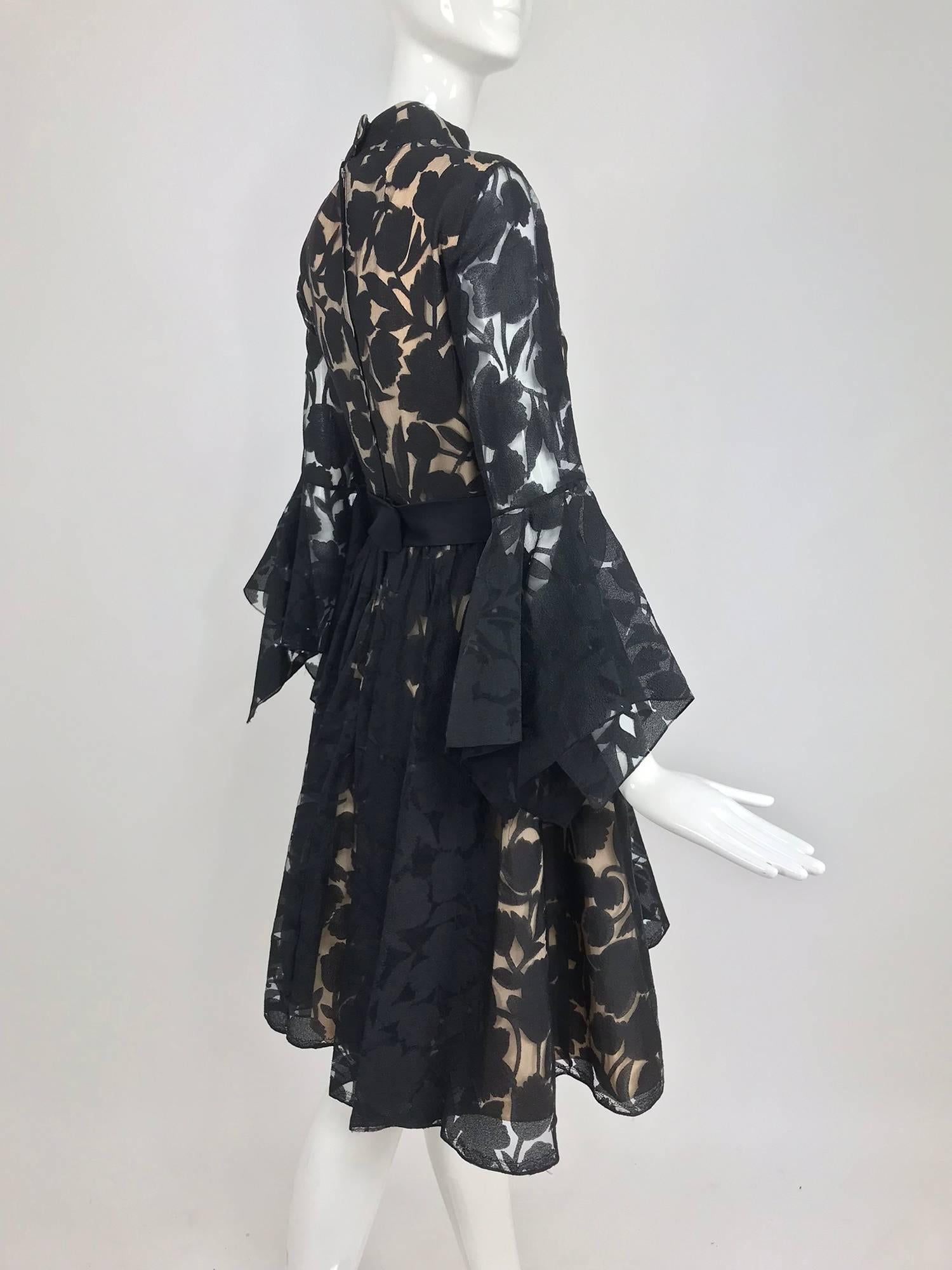 Black and nude voided organza handkerchief sleeve dress, 1960s 1